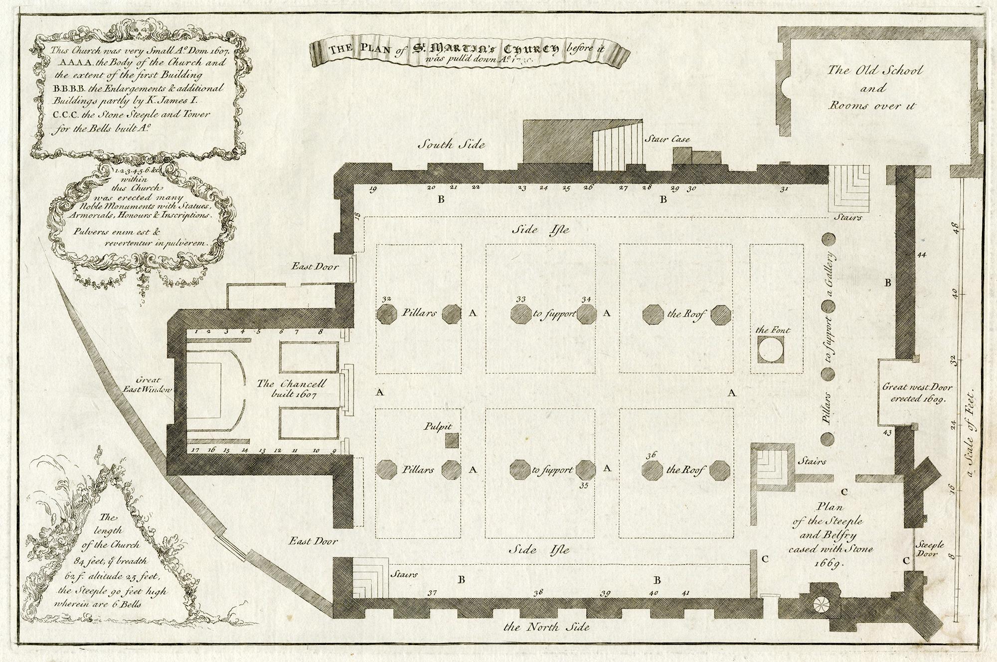 George Vertue Landscape Print – The plan of St. Martin's Church, St. Martin in the Fields