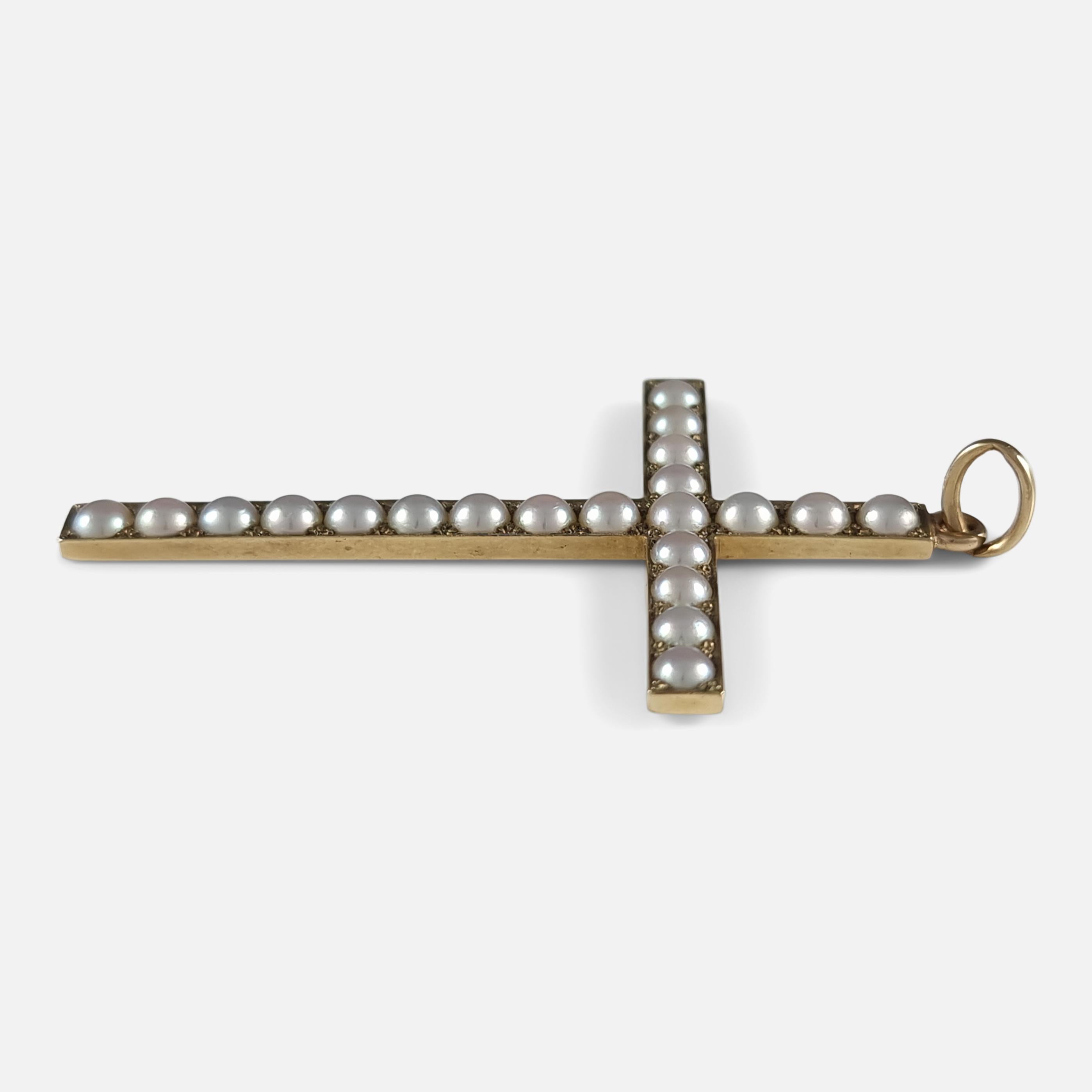 Art Deco George VI 9 Carat Gold Seed Pearl Cross Pendant, 1938