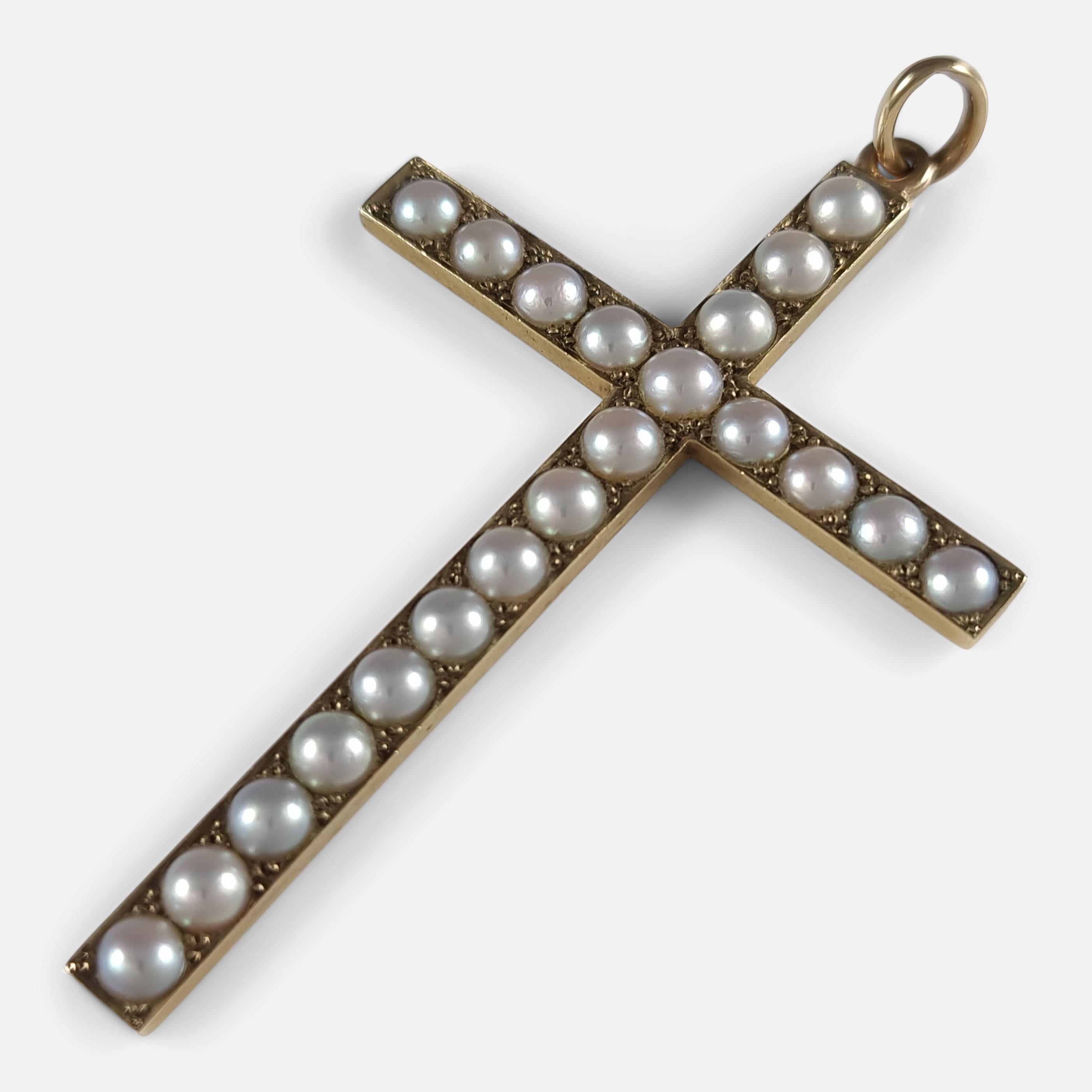 Cabochon George VI 9 Carat Gold Seed Pearl Cross Pendant, 1938