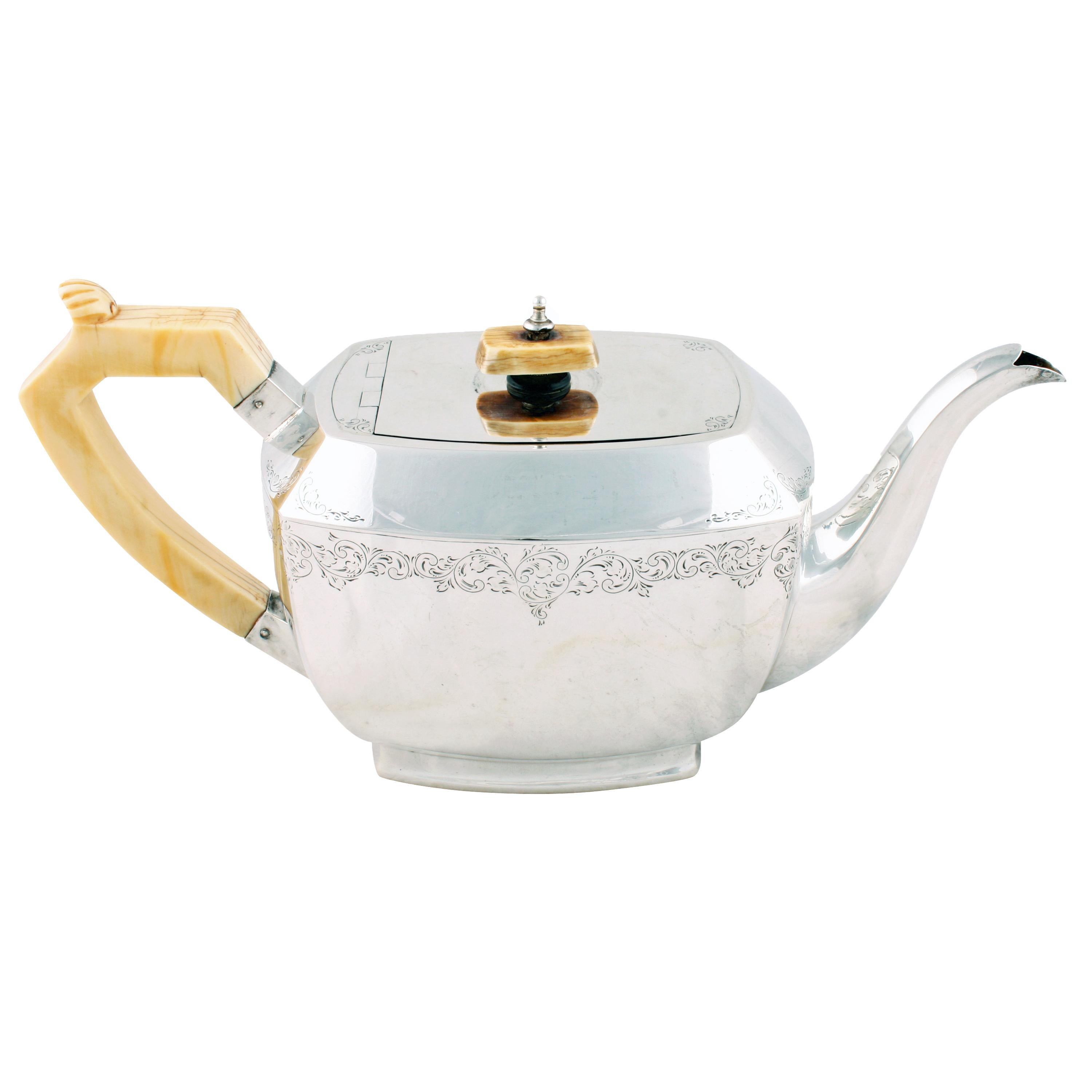 Scottish George VI Art Deco Sterling Silver Teapot For Sale