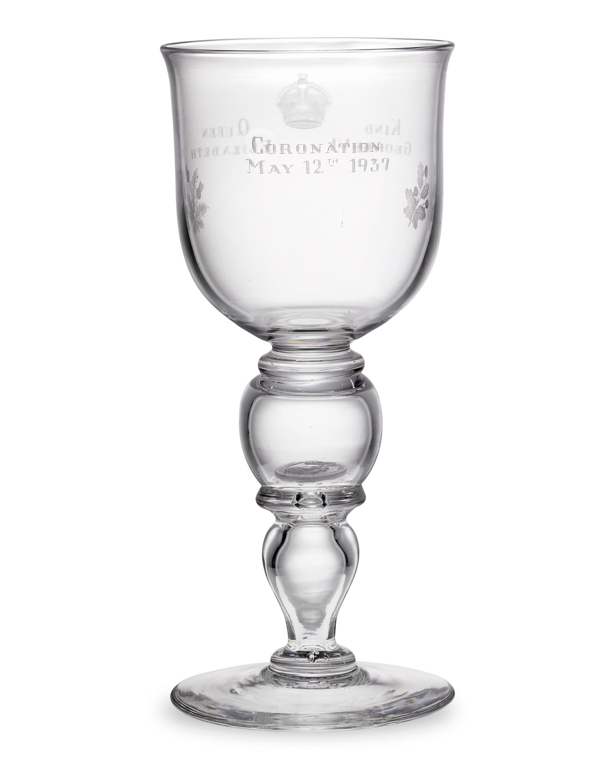 A special silver coin commemorating the coronation of King George VI and Queen Elizabeth is inset into the base of this limited edition glass goblet. Crafted by Thomas Goode & Co. of London, the goblet celebrates one of the most important events in