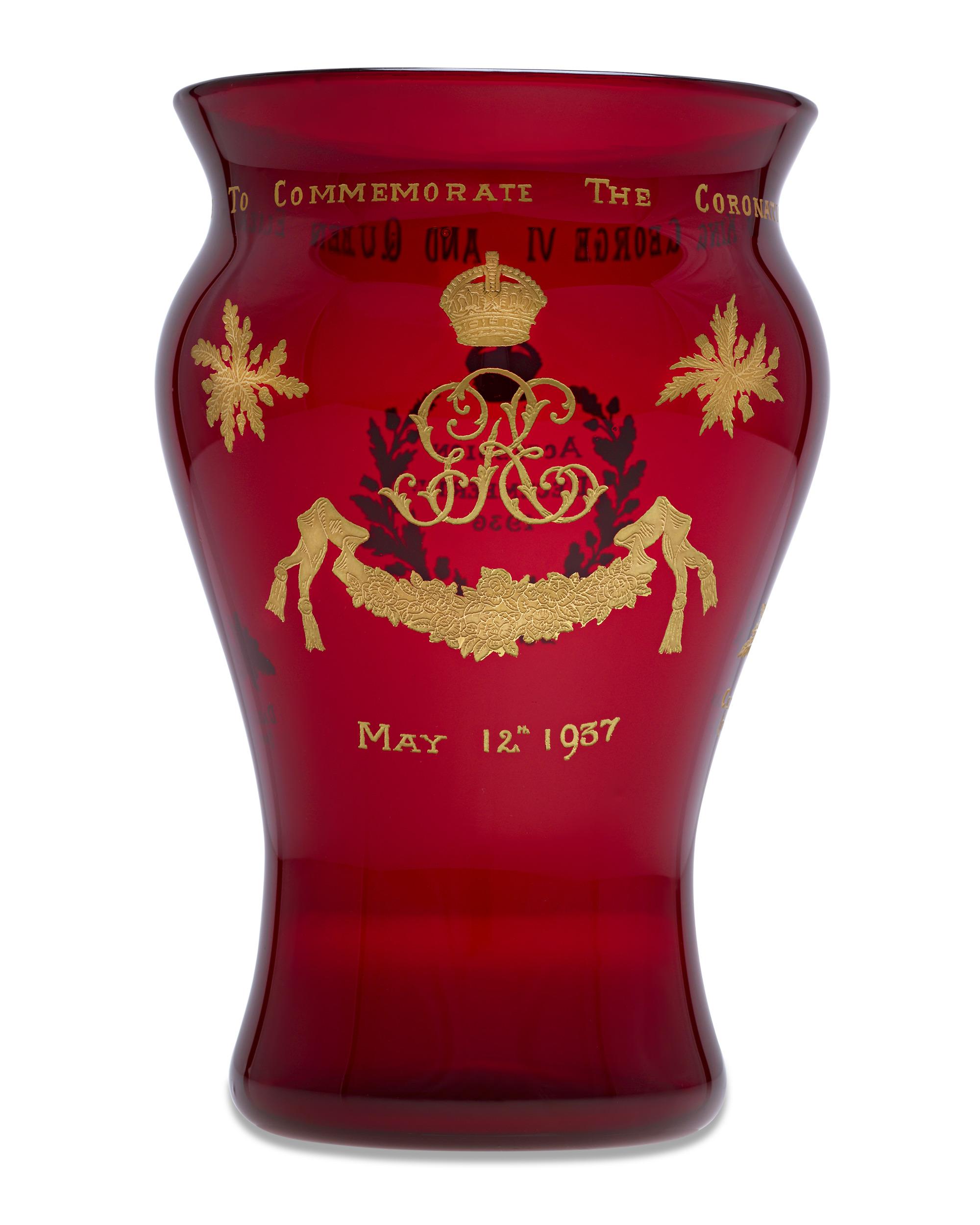 Etched George VI Commemorative Ruby Glass Vase For Sale