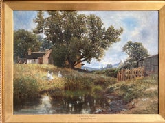 George Vicat Cole, Victorian oil painting of Ducks by a pond, cottage scene
