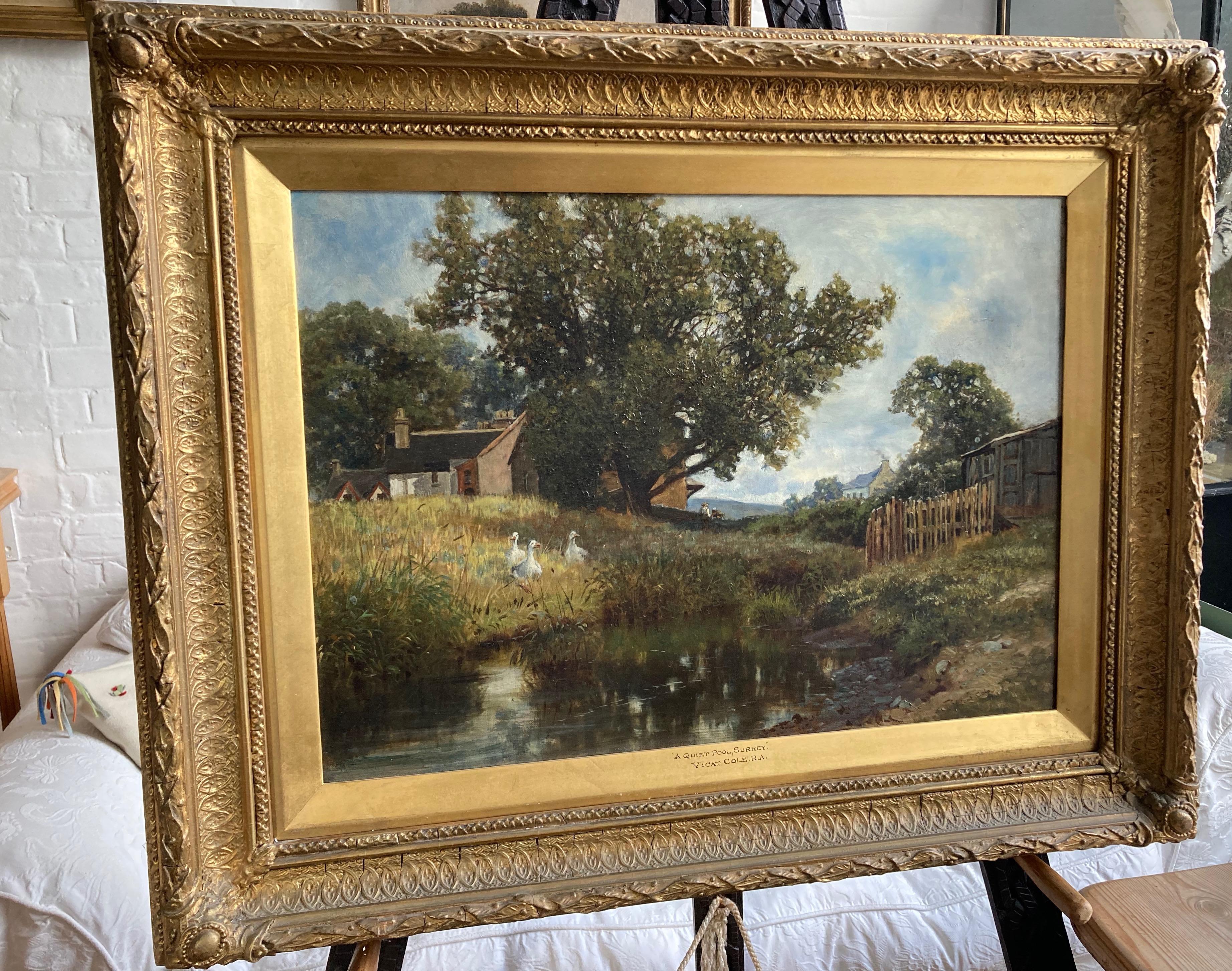Una vista idílica de una granja con patos junto a un estanque y figuras a la sombra de un roble.

George Vicat Cole (1833-1893)
Una piscina tranquila, Surrey
Firmado y fechado en 1876
Óleo sobre lienzo
16 x 22 pulgadas

George Vicat Cole RA