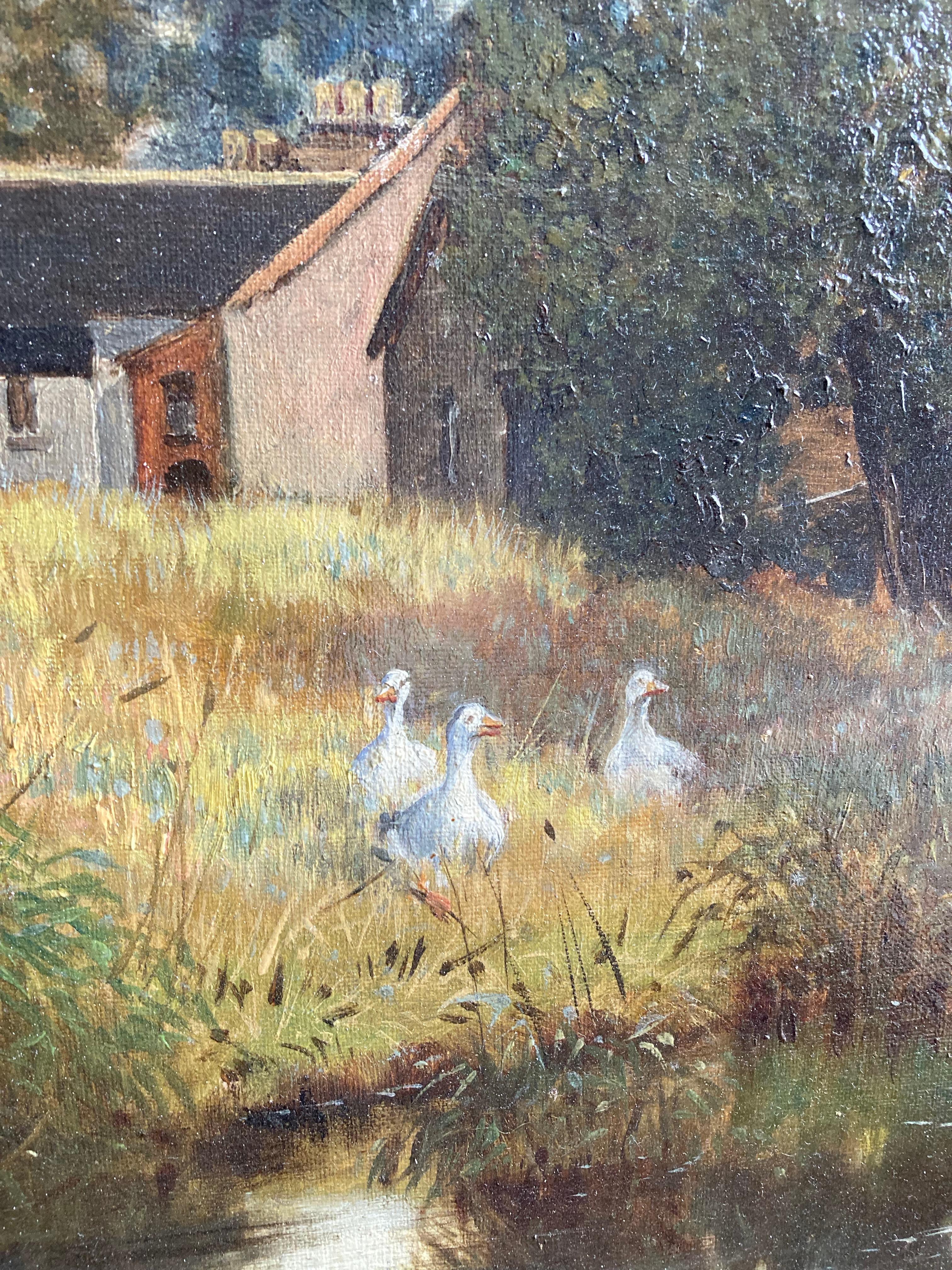 George Vicat Cole, óleo victoriano de Patos junto a un estanque, escena de casa de campo 1