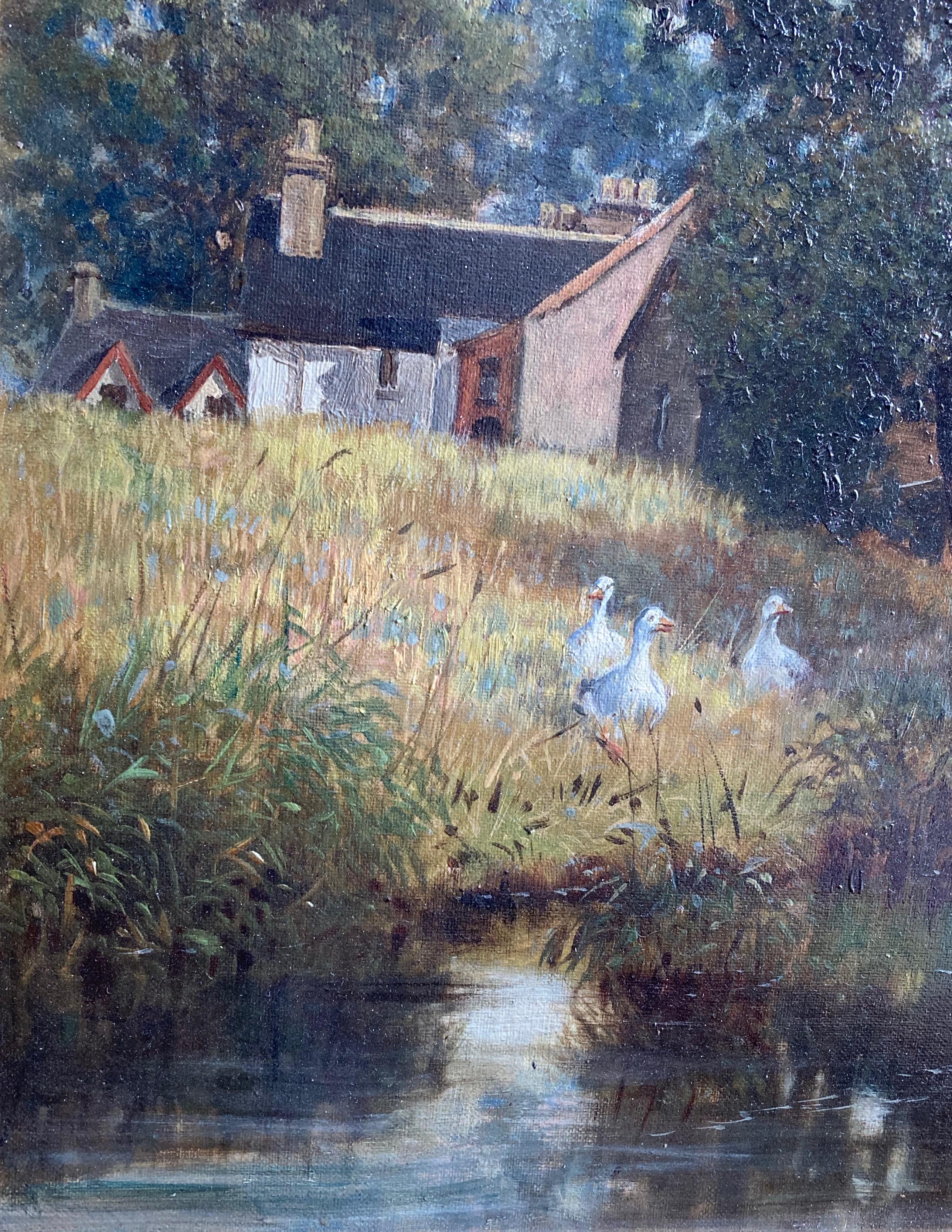 George Vicat Cole, óleo victoriano de Patos junto a un estanque, escena de casa de campo 5