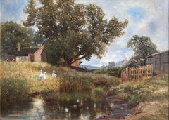 George Vicat Cole, Victorian oil painting of Ducks by a pond, cottage scene