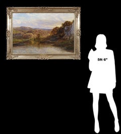 Grande dipinto a olio del XIX secolo inglese di un paesaggio fluviale estivo del Sussex