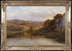Grande dipinto a olio del XIX secolo inglese di un paesaggio fluviale estivo del Sussex