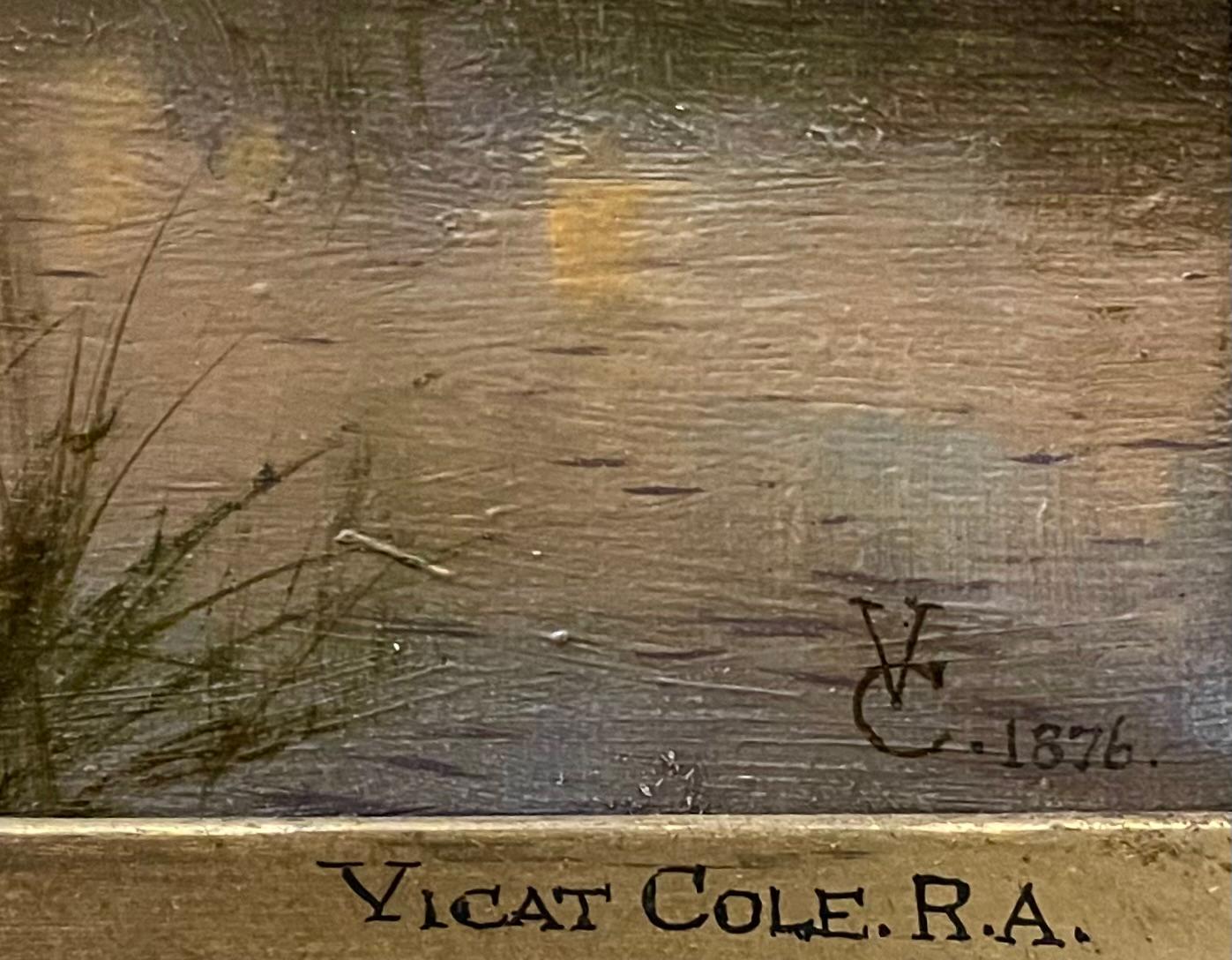 Ravissante peinture de paysage au coucher du soleil intitulée Shere, Surrey par George Vicat Cole, RA (1833-1893). Le tableau s'inscrit dans la tradition du plein art, monogrammé VC en bas à droite et daté de 1876.  

Cole est né à Portsmouth, en