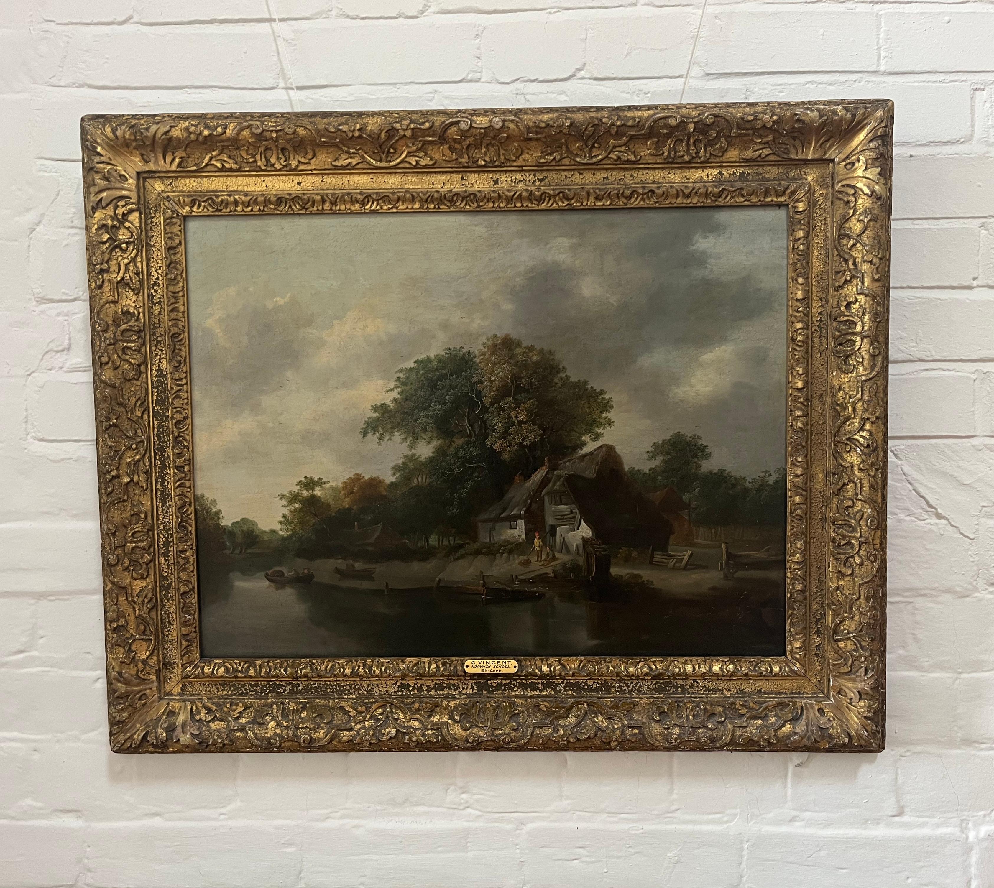 Early 19th Century Norwich School oil painting of figures by a river 9
