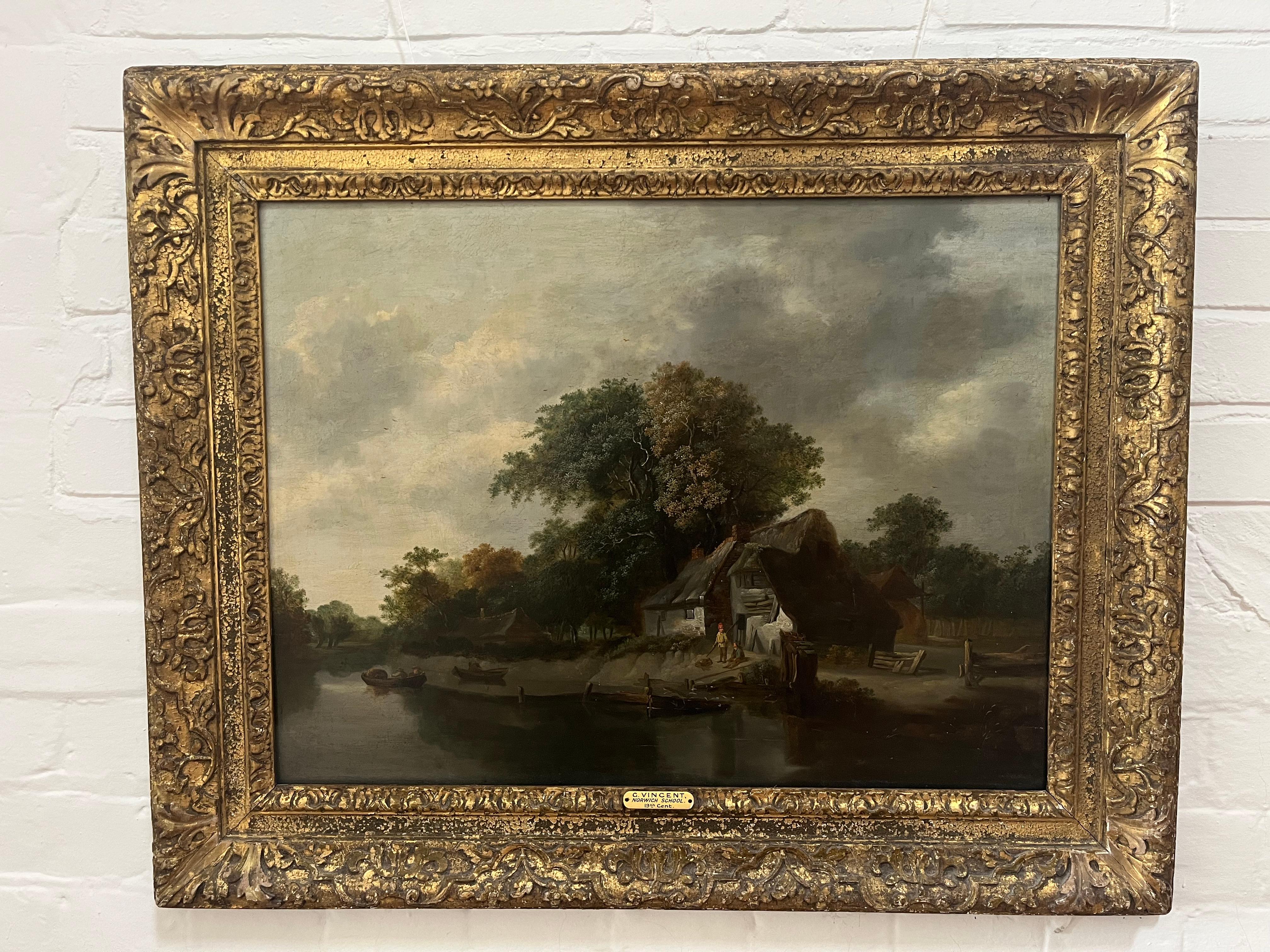 Early 19th Century Norwich School oil painting of figures by a river 10