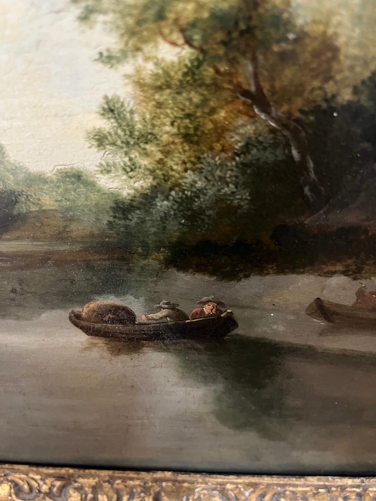 An incredibly atmospheric oil painting of figures in a river landscape typical of George Vincent's best work. A rare work by this master of early 19th century English painting who lived a tragically short life. Wonderful detail to the trees, set
