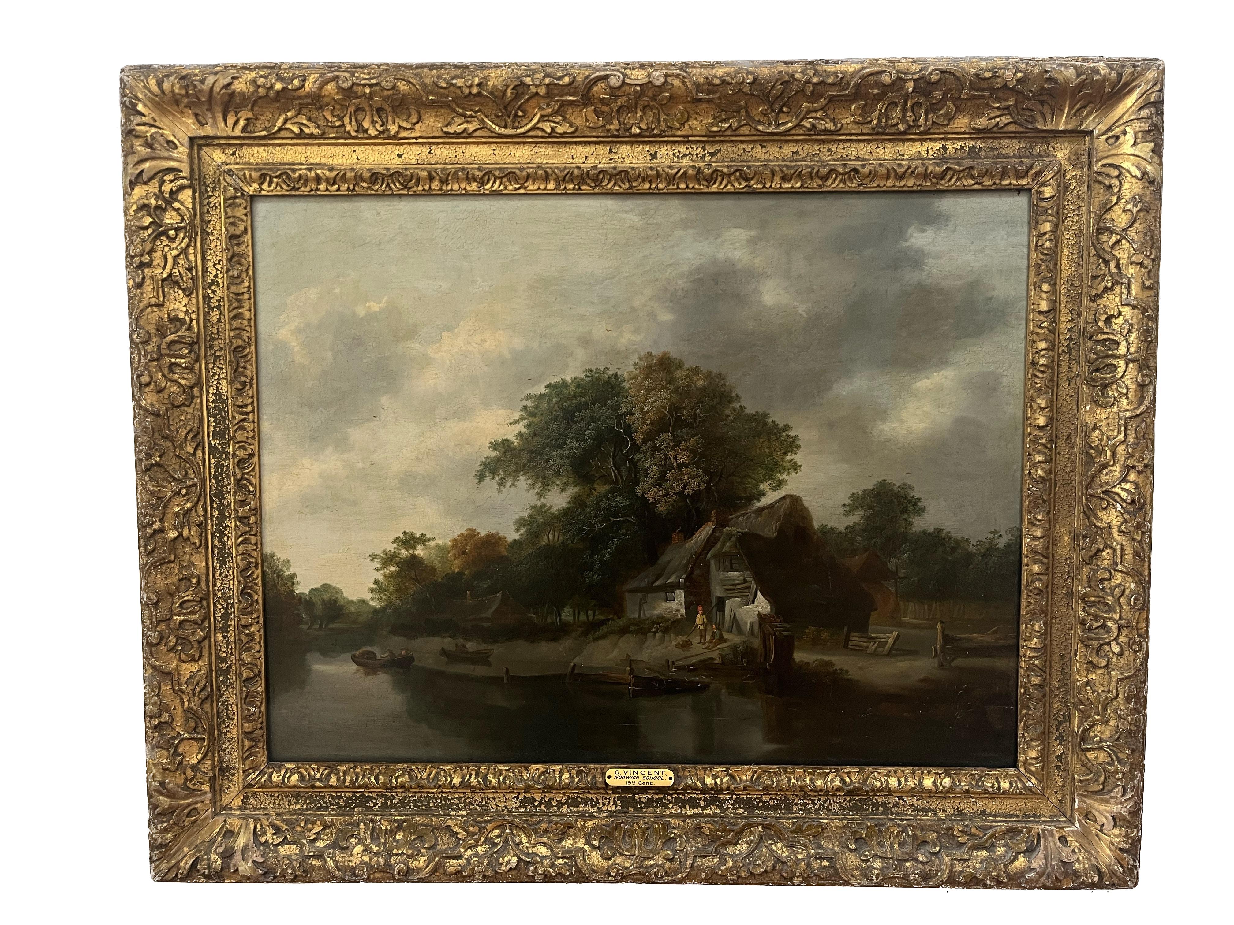 George Vincent Landscape Painting - Early 19th Century Norwich School oil painting of figures by a river