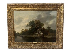 Early 19th Century Norwich School oil painting of figures by a river