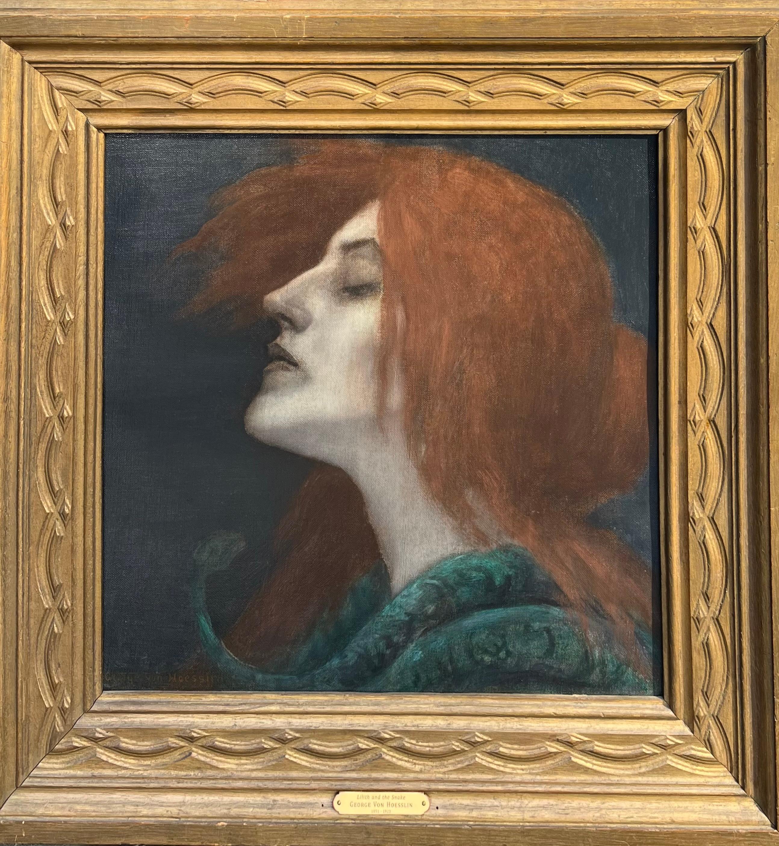 Lilith and the Snake, Oil on canvas femme fatale mythical portrait, Signed - Painting by George Von Hoesslin