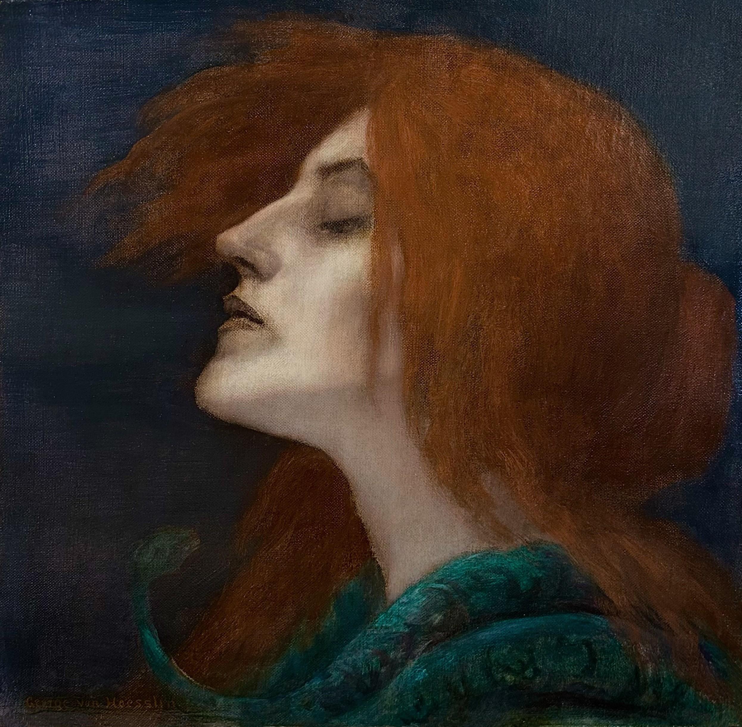 Portrait Painting George Von Hoesslin - Lilith et le serpent, huile sur toile, portrait mythique de femme fatale, signé