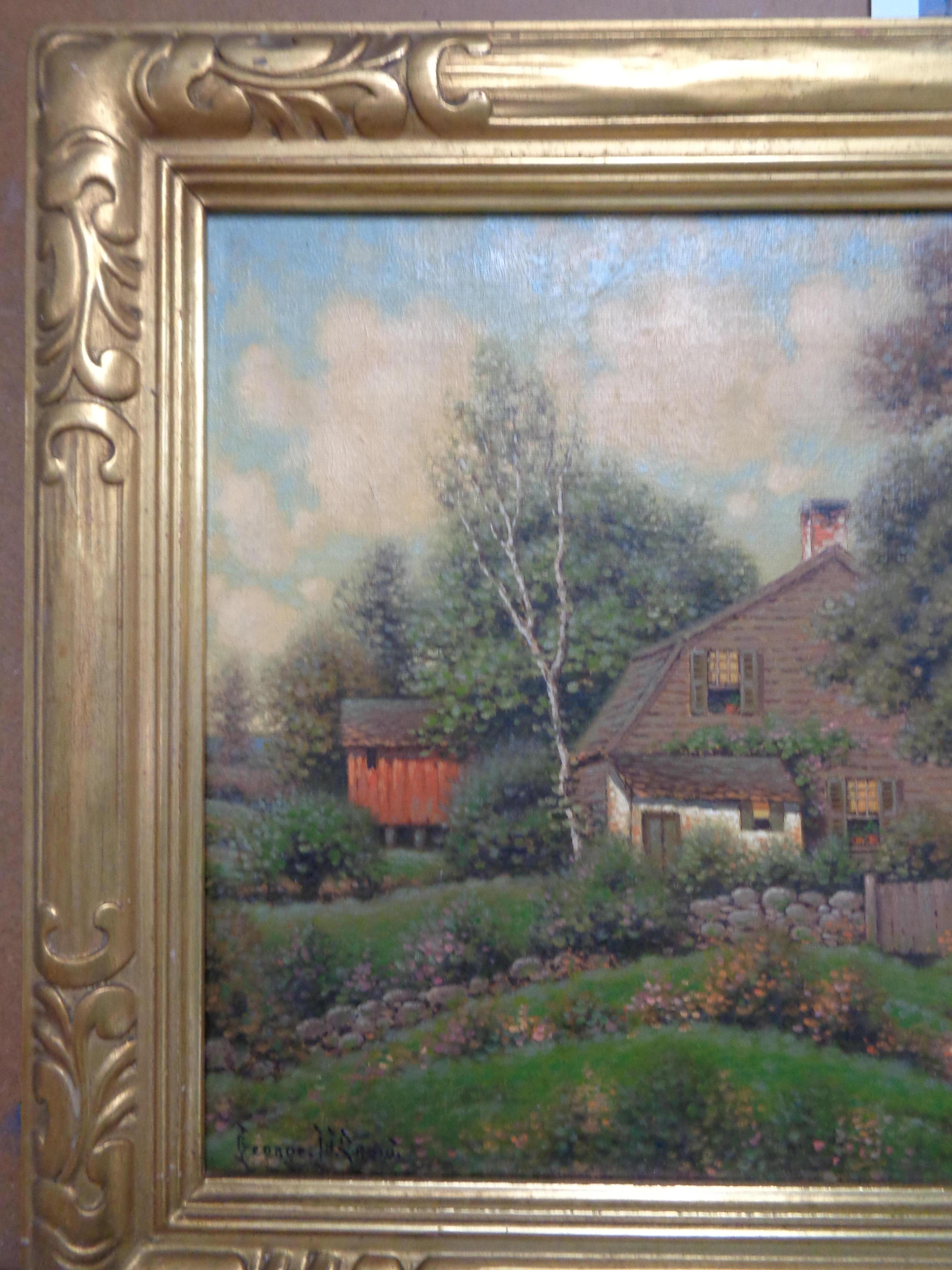 Oil Painting American Artist George W Drew 1875 - 1968 Cottage Scene Great Frame For Sale 1