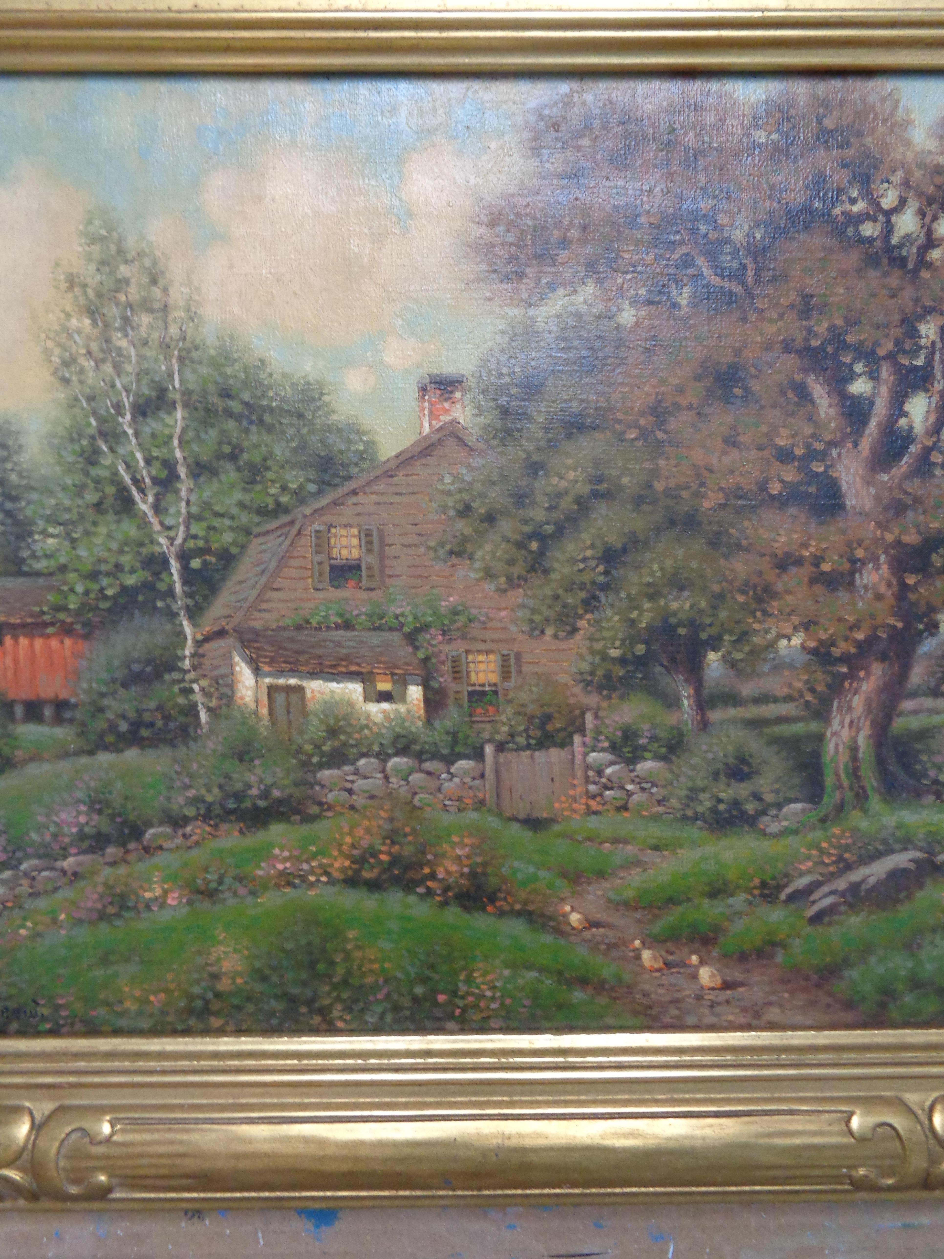 Oil Painting American Artist George W Drew 1875 - 1968 Cottage Scene Great Frame For Sale 2
