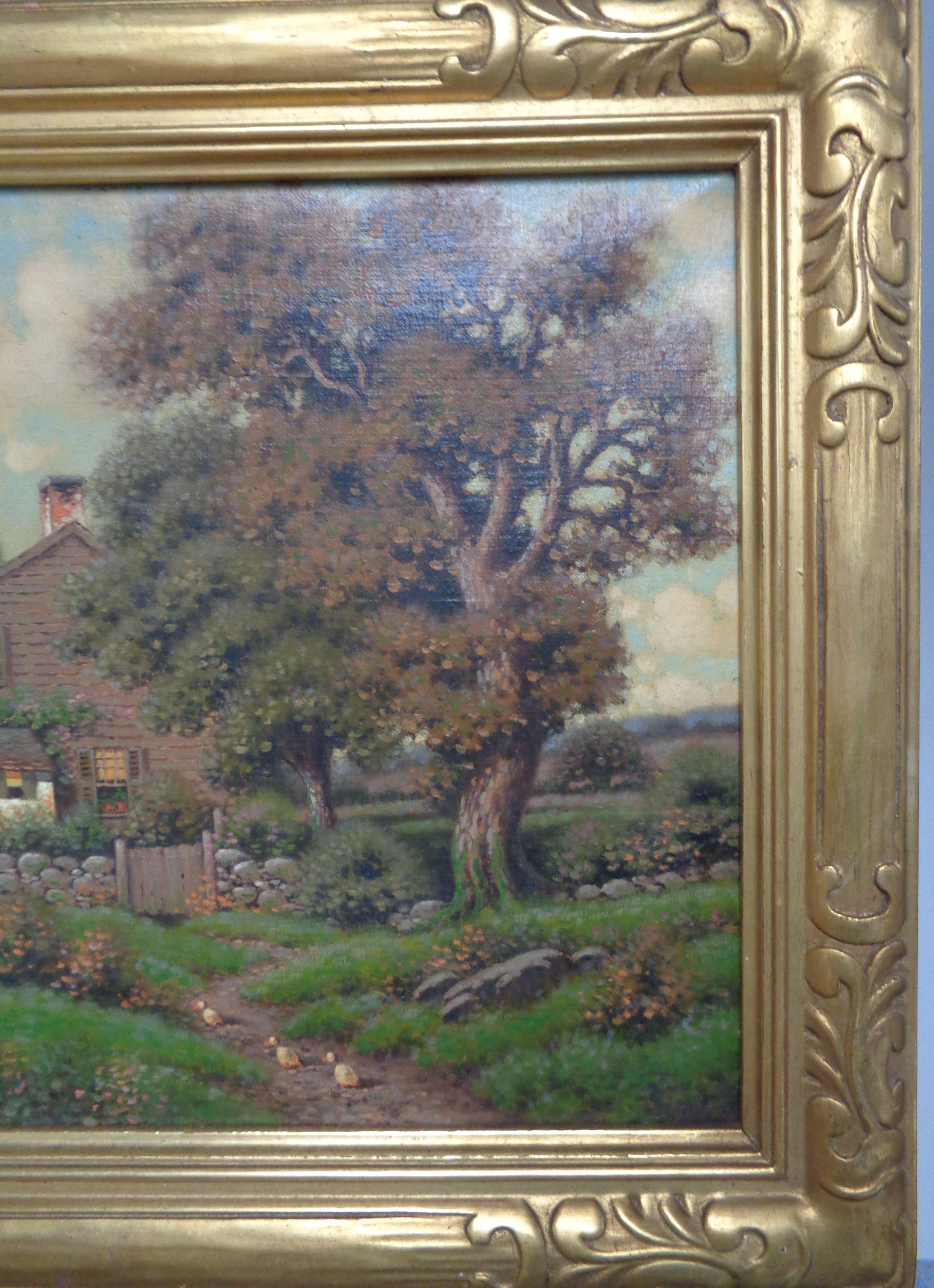 Oil Painting American Artist George W Drew 1875 - 1968 Cottage Scene Great Frame For Sale 3