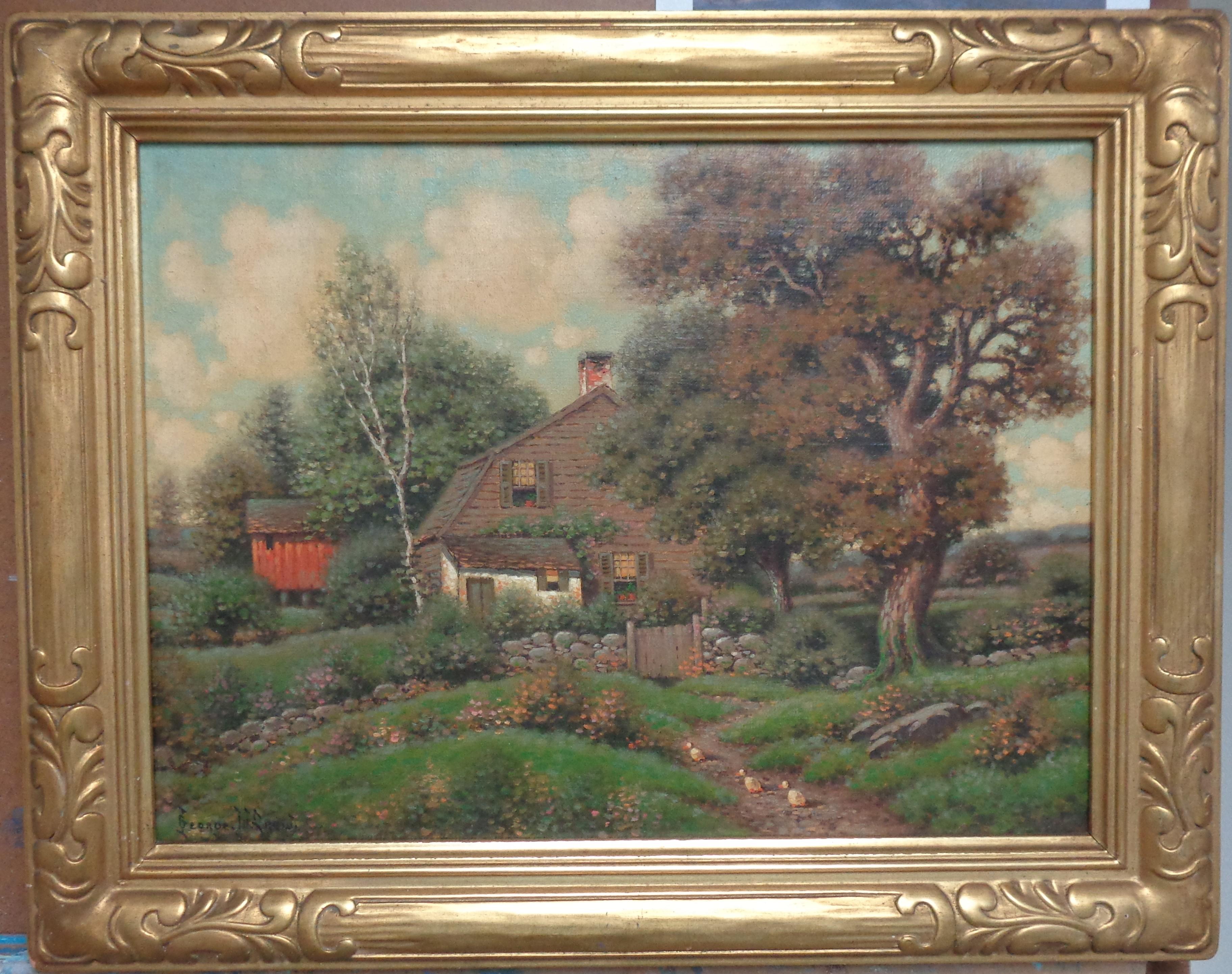 George W. Drew
American  1875 - 1968
Cottage- oil on canvas in original period frame
15.5 x 19.5 x 1.25 framed
No inpaint or restoration
George W. Drew was an American painter who was born in 1875. George W. Drew was known for his landscapes and