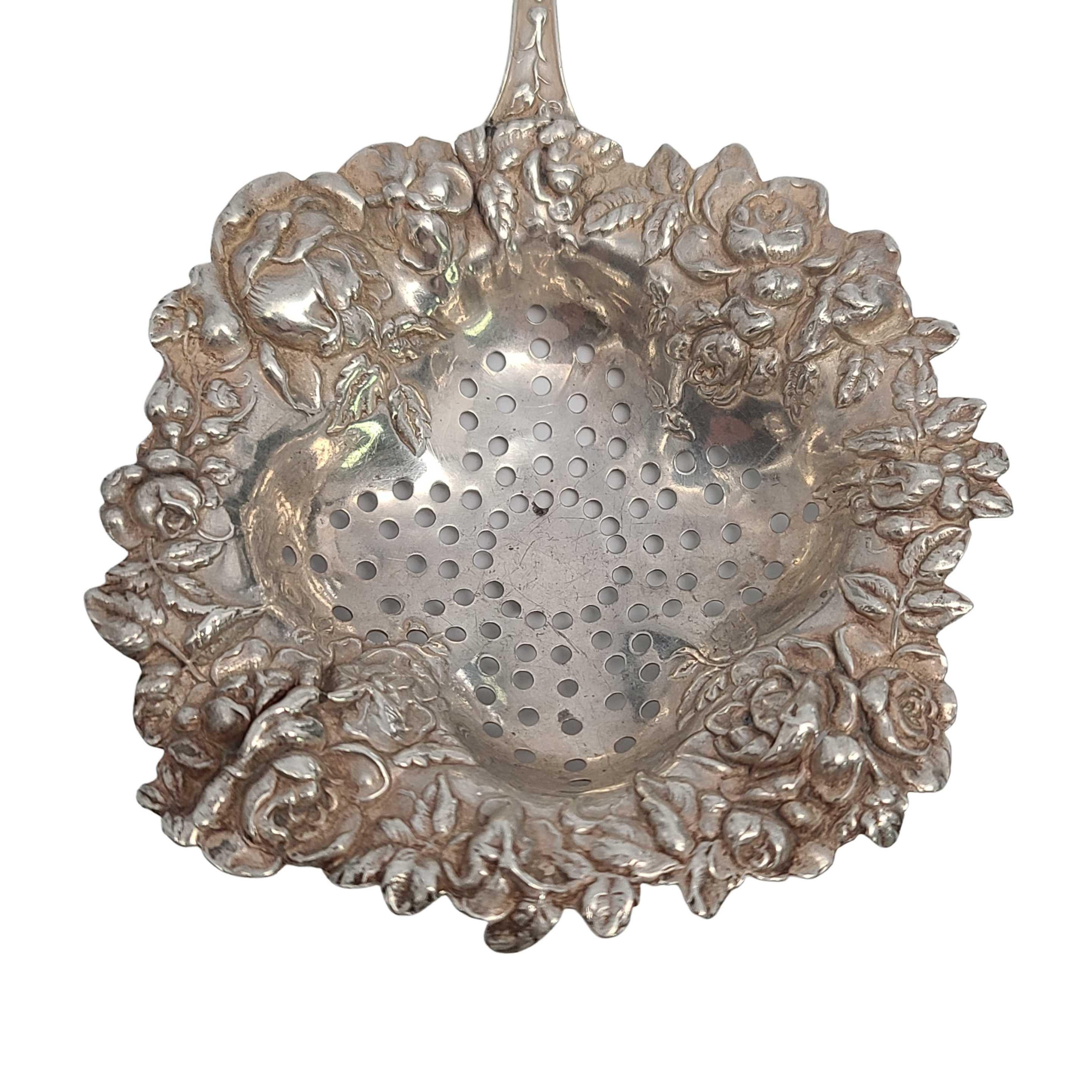 Late 19th Century George W. Shiebler Sterling Silver American Beauty 61 Over the Cup Tea Strainer