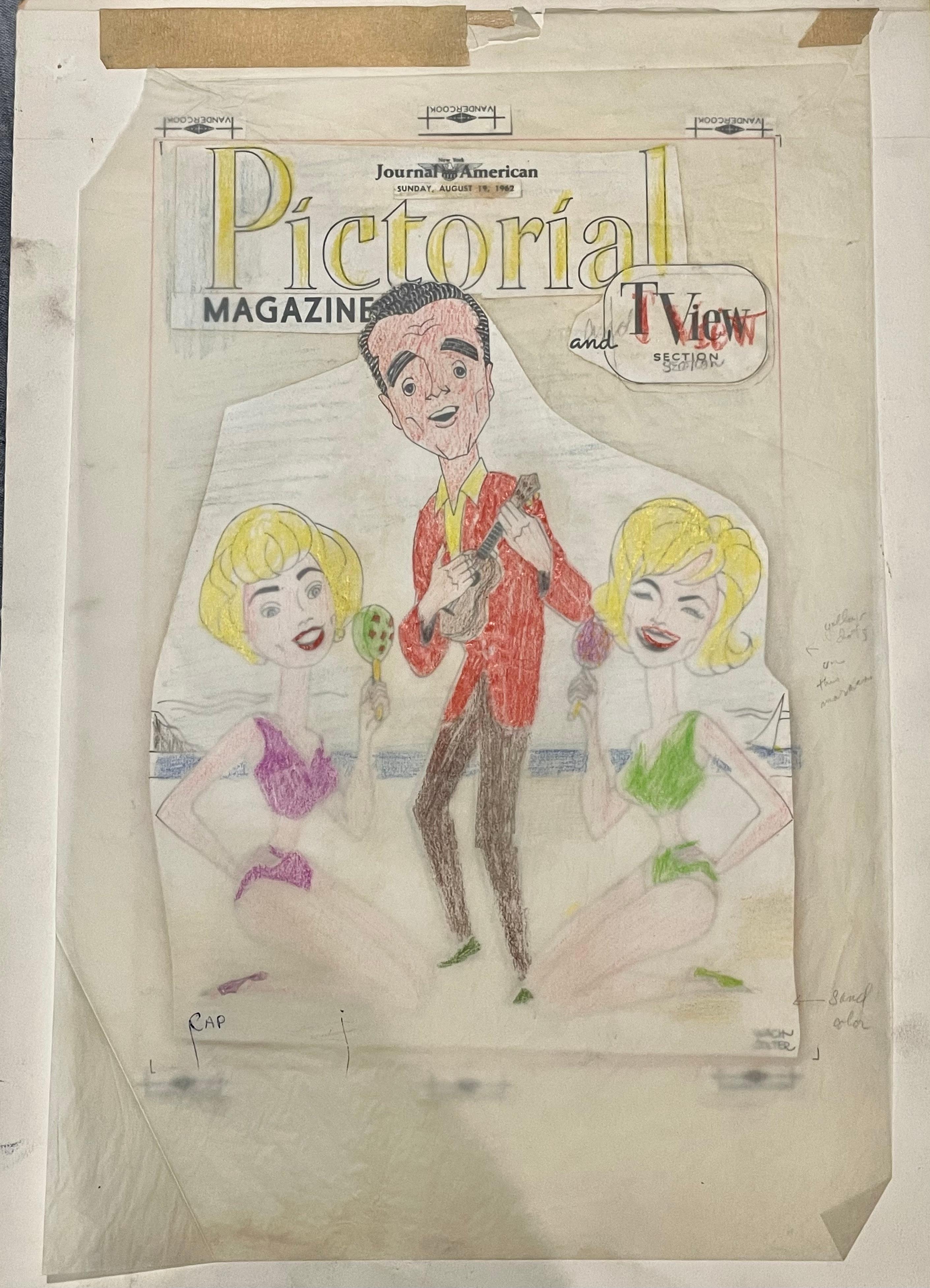 Signed Lower Right by Artist

PHOTOSTAT ILLUSTRATION & COMP COLOR OVERLAY - Caricature by George Wachsteter (1911-2004) for 1962 NBC-TV variety show 'The Lively Ones' with star & host Vic Damone, 14