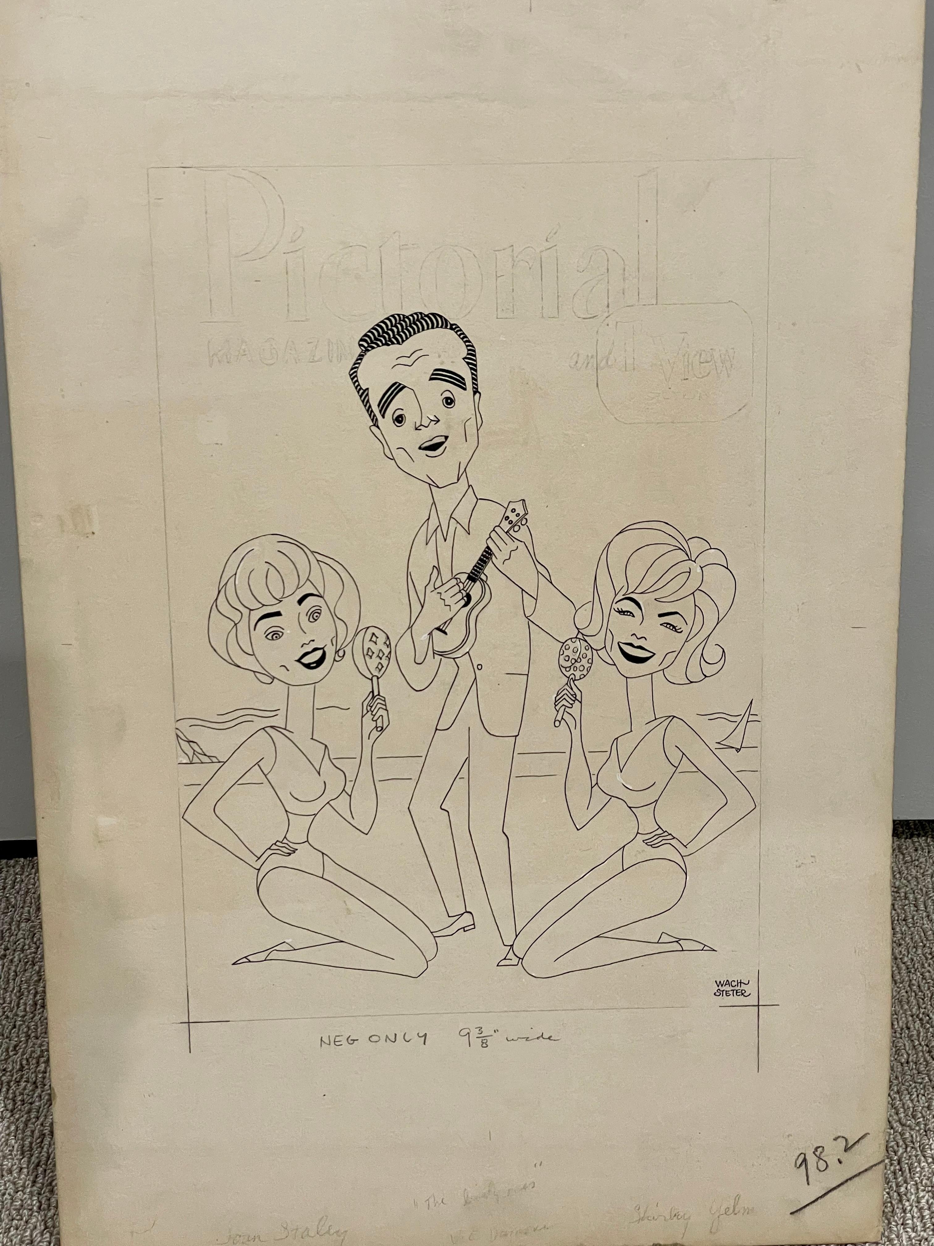 Signed Lower Right by Artist

PHOTOSTAT ILLUSTRATION & COMP COLOR OVERLAY - Caricature by George Wachsteter (1911-2004) for 1962 NBC-TV variety show 'The Lively Ones' with star & host Vic Damone, 14