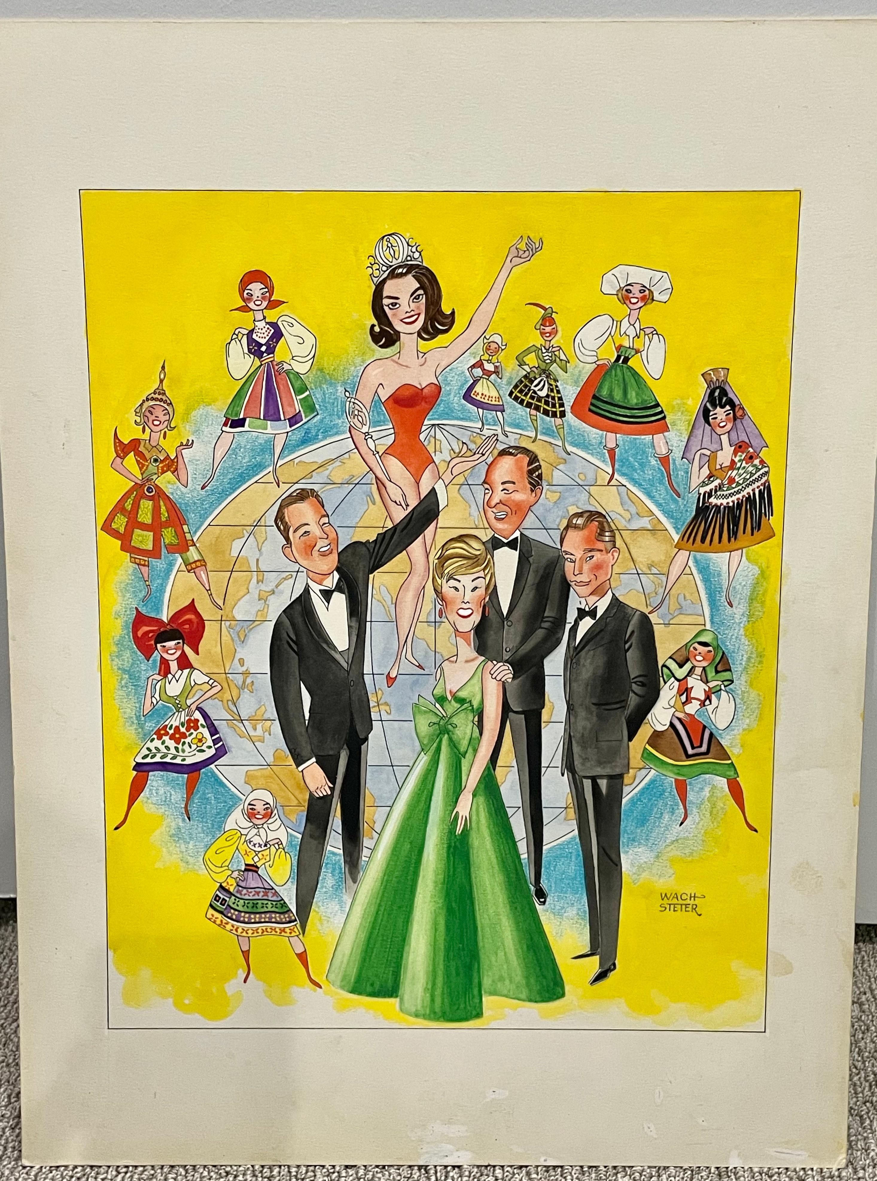 Signé en bas à droite par l'Artistics

Caricature de George Wachsteter (1911-2004) pour la diffusion sur CBS en 1965 du concours de Miss Univers avec les animateurs Jack Linkletter, June Lockhart, John Daly et Pat Boone.

Accent de Floride à la