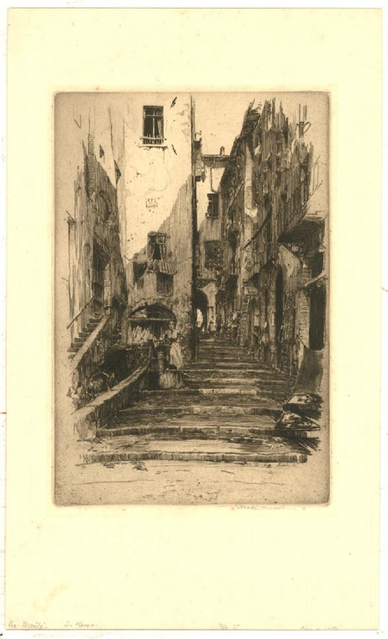 A charming depiction of a street in San Remo, Italy in fine detail. In the foreground a woman stands with on the steps collecting water from a well. The background captures tall Italian buildings with ladders and workers. With plate tone. Signed
