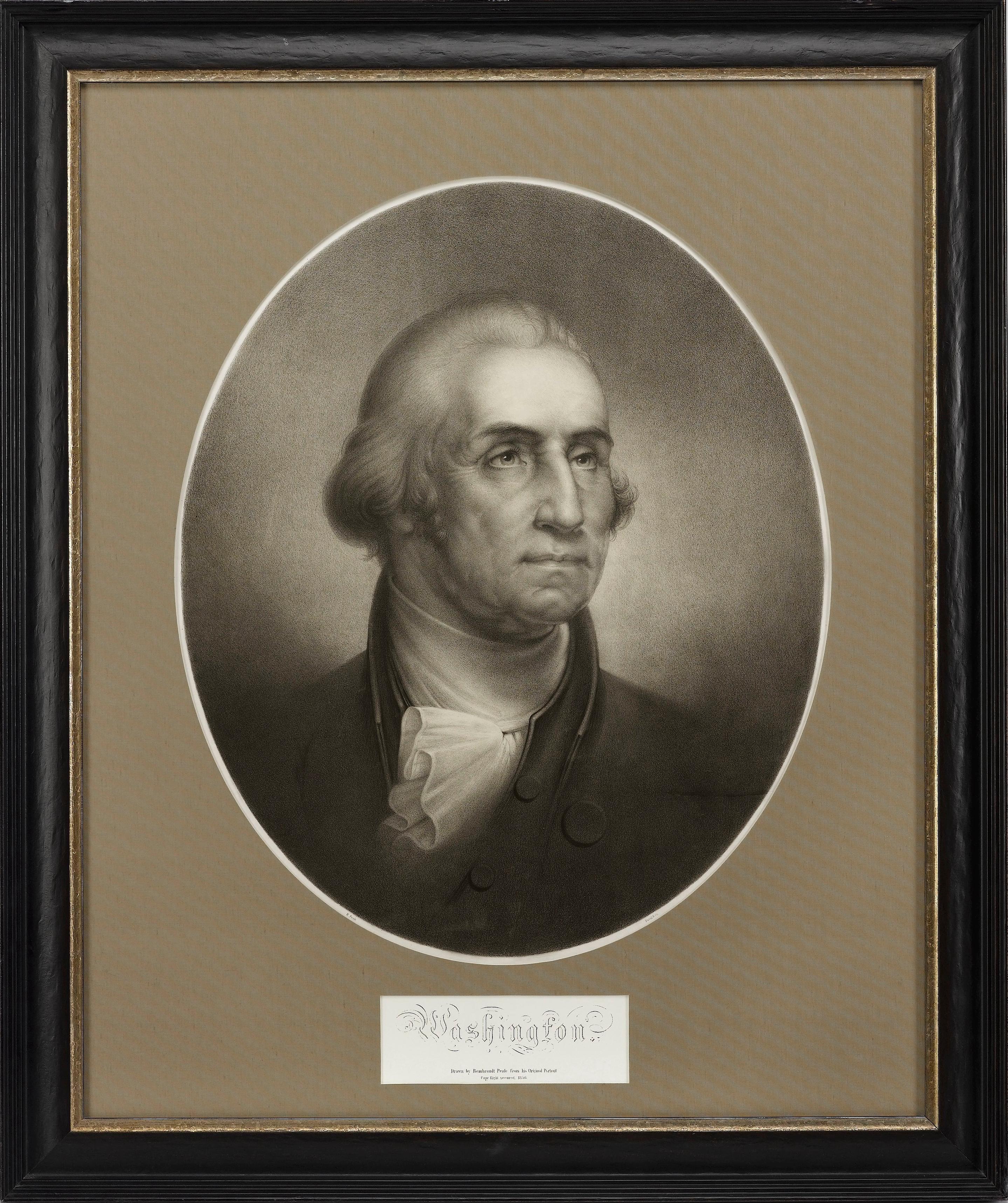 Presented is an original lithograph of George Washington, shown in three-quarter pose with formal dress. Printed in oval form, the black and white lithograph was printed by Peter S. Duval Co. of Philadelphia in 1856. The portrait is modeled after a