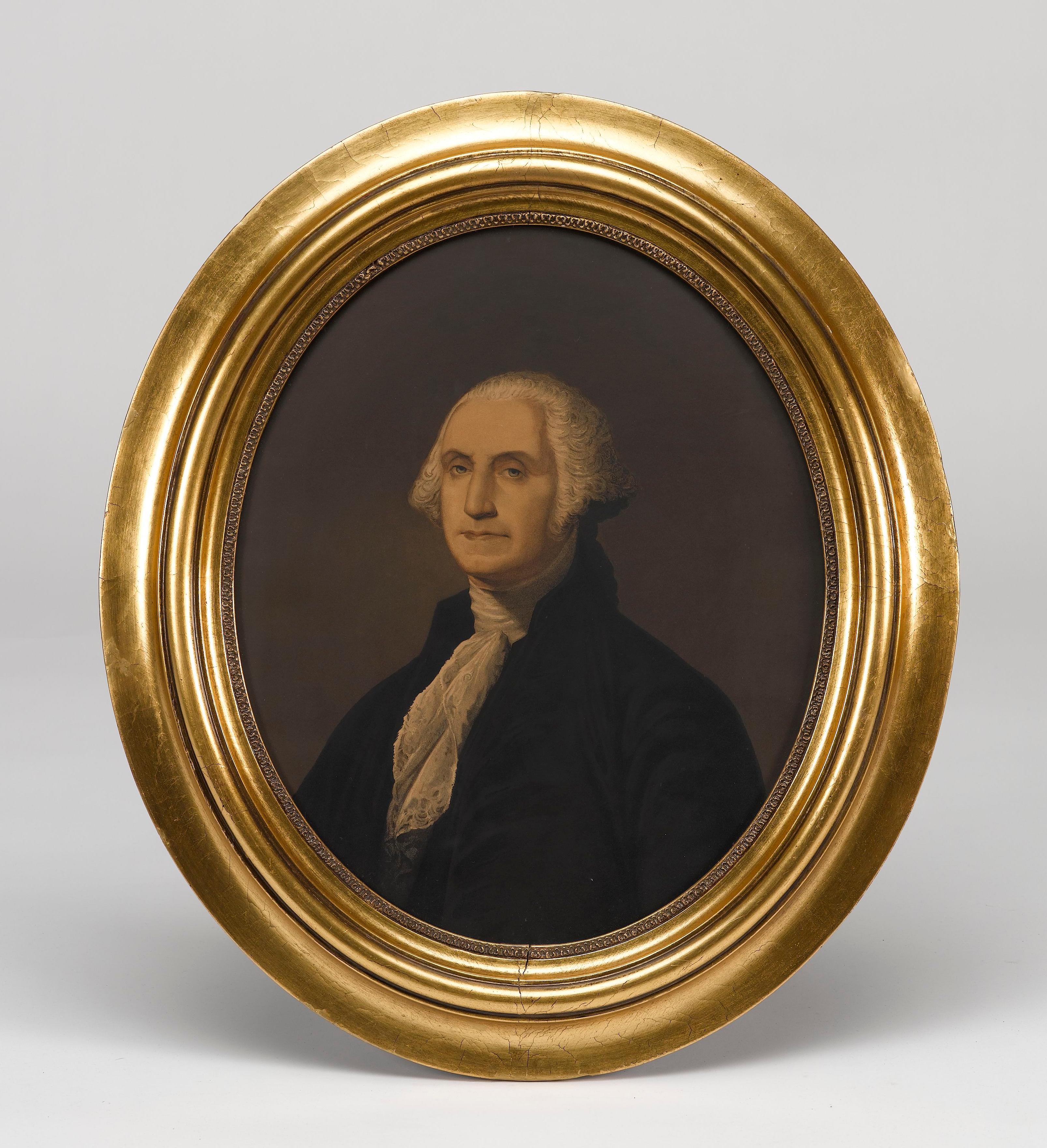 Designed to be a pair, these pendant paintings of George and Martha Washington were made to look like expensive oil paintings. The unknown artist used Gilbert Stuart’s original and unfinished Athenaeum portraits of the pair as a reference for the