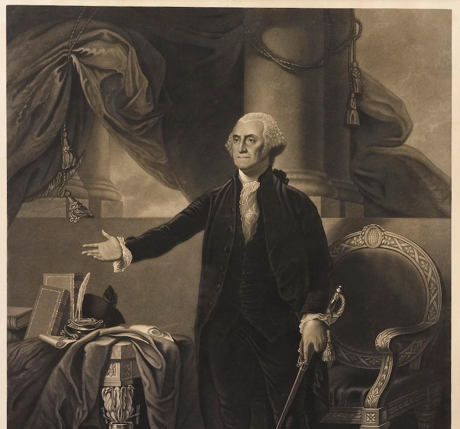 This is an 1844 engraving of President George Washington. The print was issued by G. Stuart in Albion, New York and engraved by H. S. Sadd.

This standing portrait shows President George Washington in front of neoclassical columns. In his right