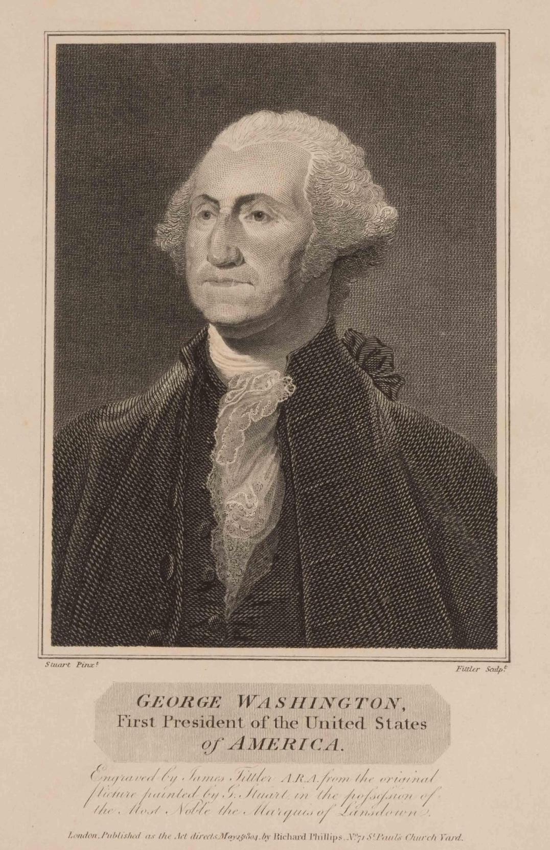 Presented is a handsome engraved portrait of George Washington by artist James Fittler, titled “George Washington, First President of the United States of America.” This engraving was published in London by Richard Phillips in 1804, for the