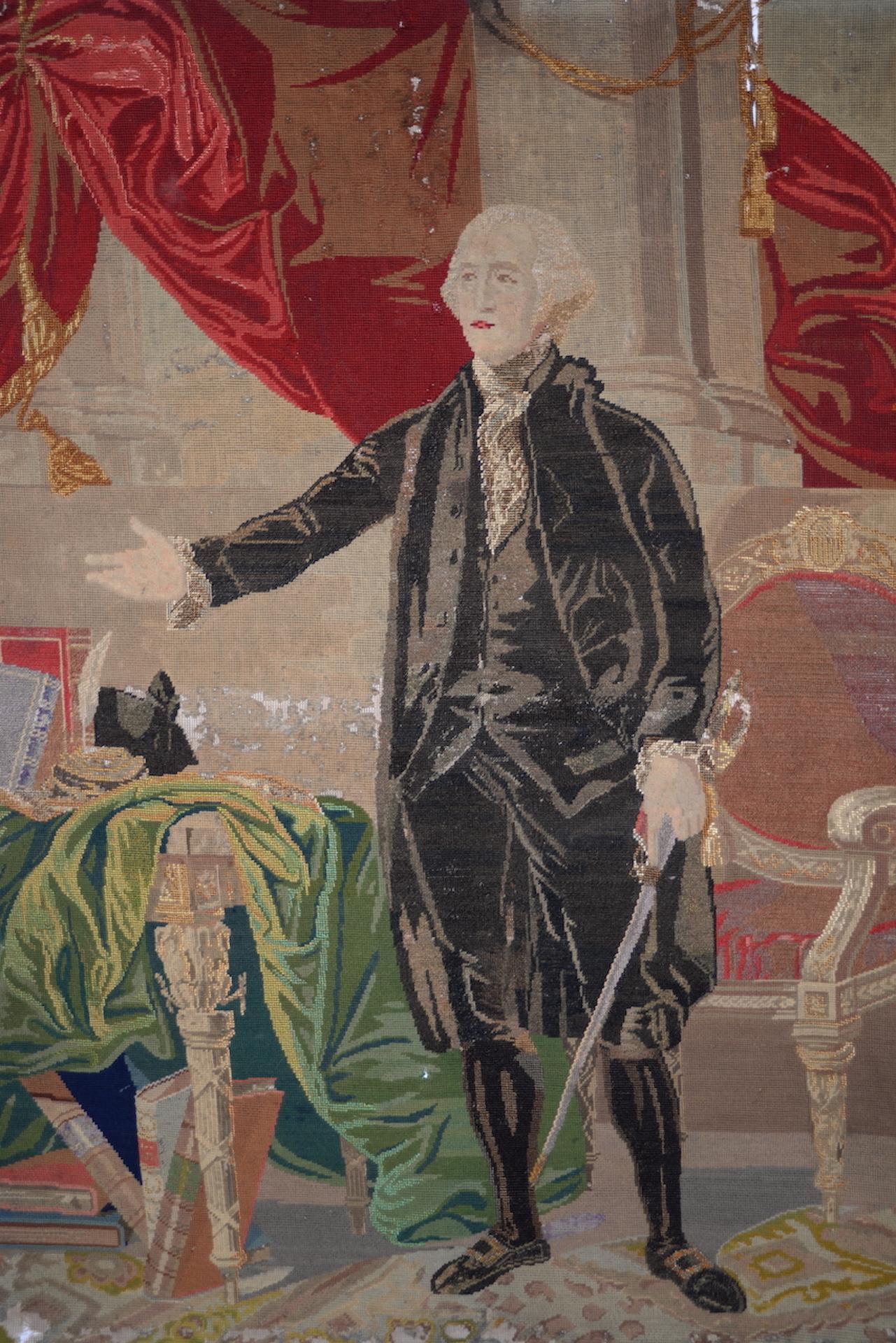 George Washington Hand Embroidered Tapestry, circa 1850s In Fair Condition In San Francisco, CA