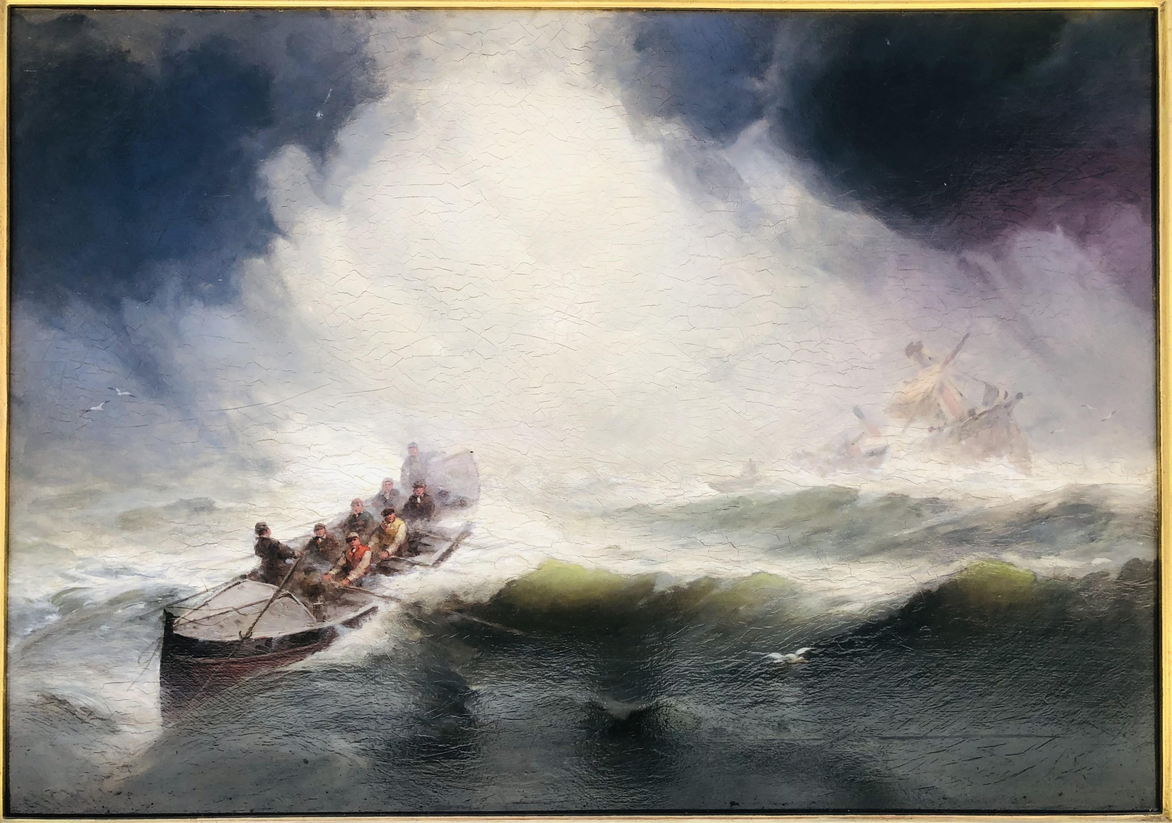 Surfmen Rescuing Foundering Ship du 19ème siècle, GW Nicholson - Painting de George Washington Nicholson
