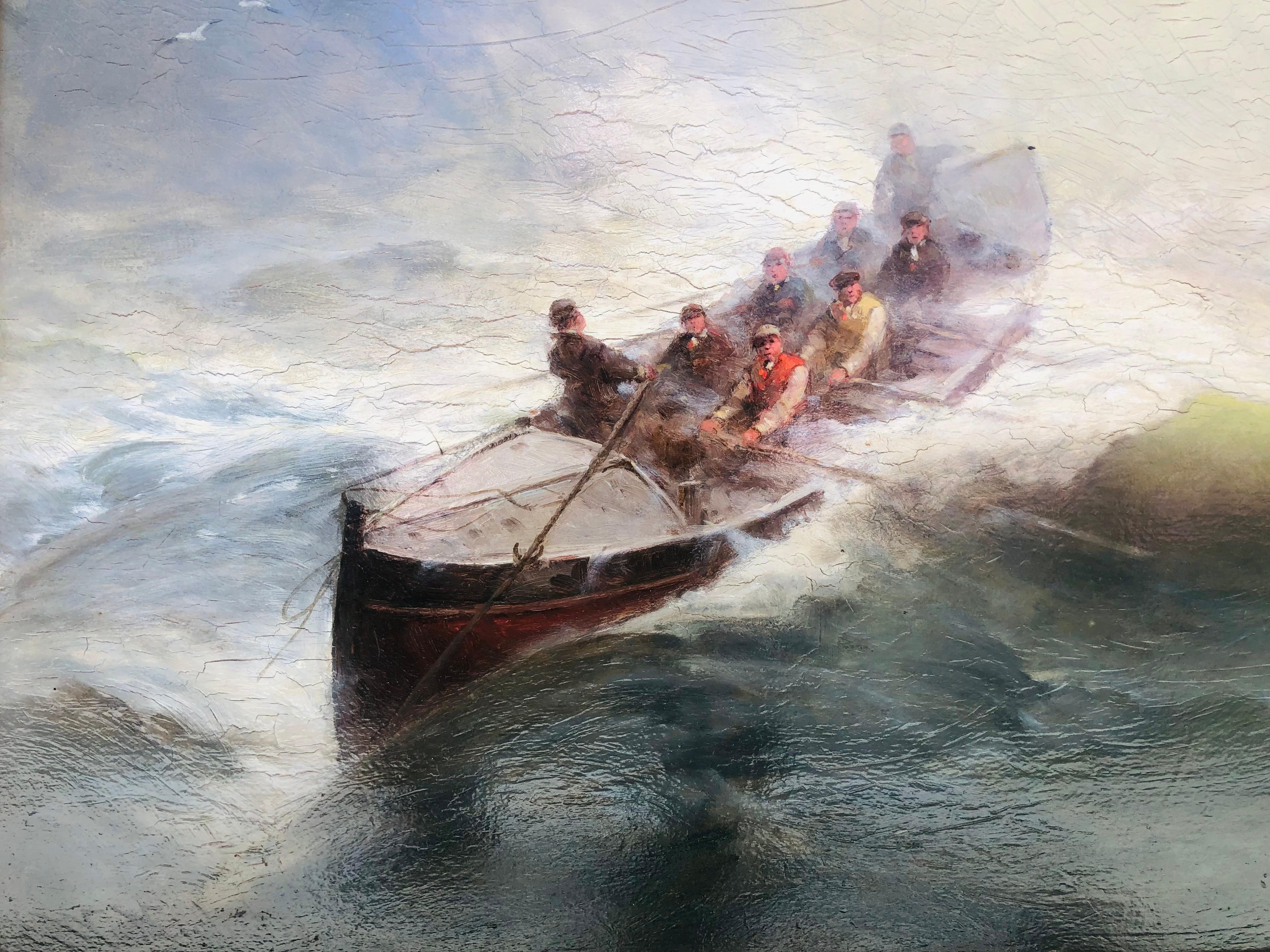 Fine late 19th C oil painting on cradled wood panel by George Washington Nicholson. The painting is in very good cleaned condition and shows Surfmen rescuing a ship in distress. This genre of painting was popular during the second half of the 19th