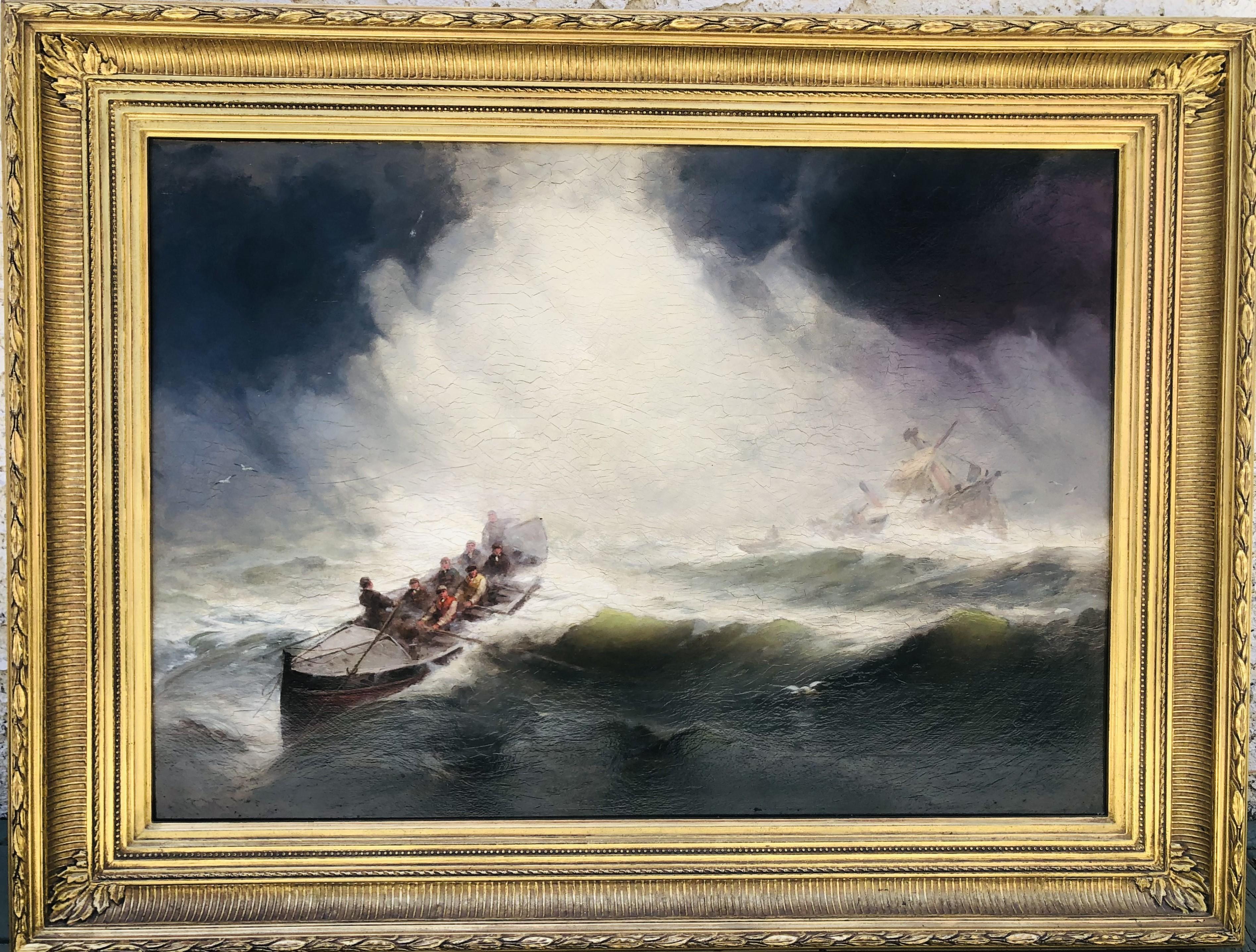 George Washington Nicholson Figurative Painting - 19th C New Jersey Surfmen Rescuing Foundering Ship - GW Nicholson