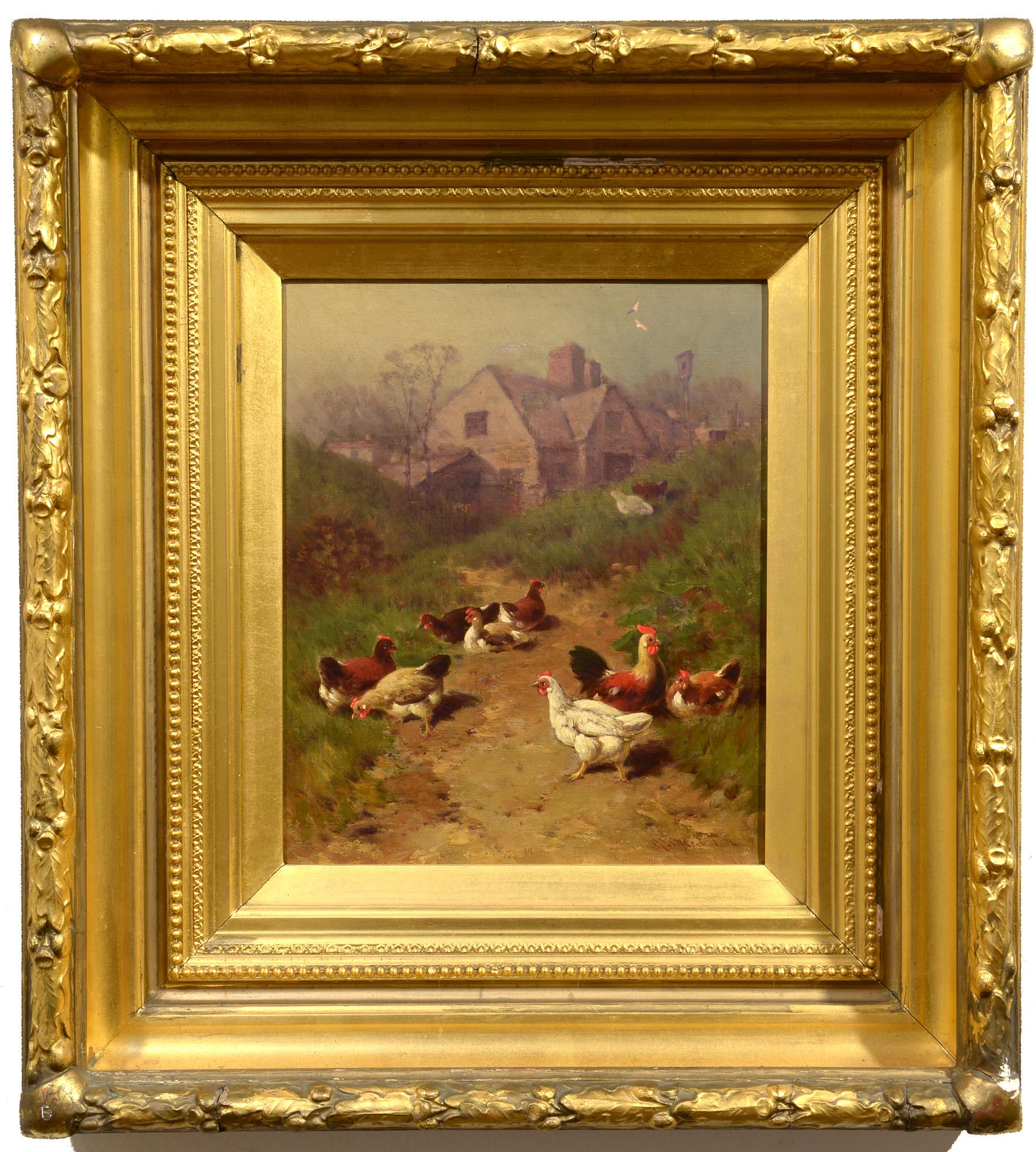 Morgenhühner, Amerikanisch, Öl, Pastorale, Ländliche Landschaft, Bauernhof – Painting von George Washington Nicholson