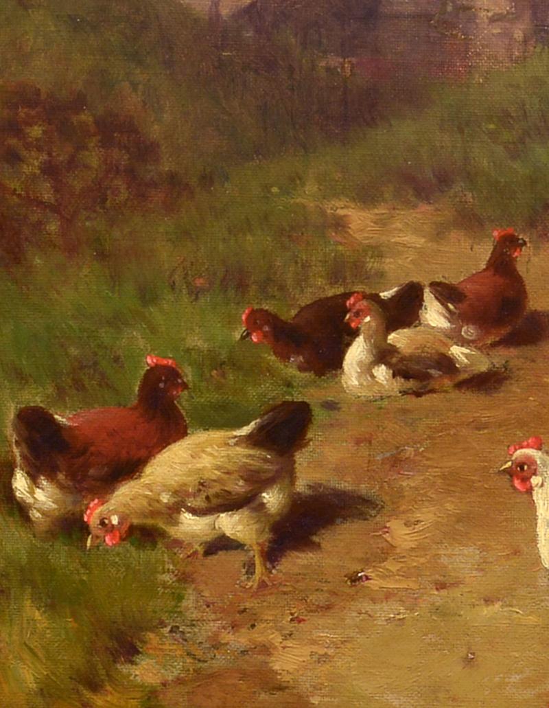 Morgenhühner, Amerikanisch, Öl, Pastorale, Ländliche Landschaft, Bauernhof (Braun), Landscape Painting, von George Washington Nicholson
