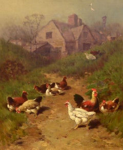 Morning Chickens, American, Oil, Pastoral, Rural Landscape, Farmyard