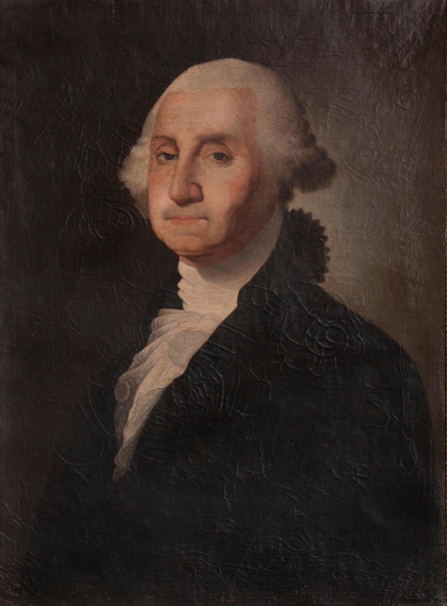 Gemälde von George Washington in Öl auf Leinwand, ein frühes Beispiel, um 1850 entstanden, eine sehr ansprechende und gut ausgeführte Kopie von Gilbert Stuarts Athenaeum-Porträt

Porträt von George Washington in Öl auf Leinwand, gemalt um 1850.