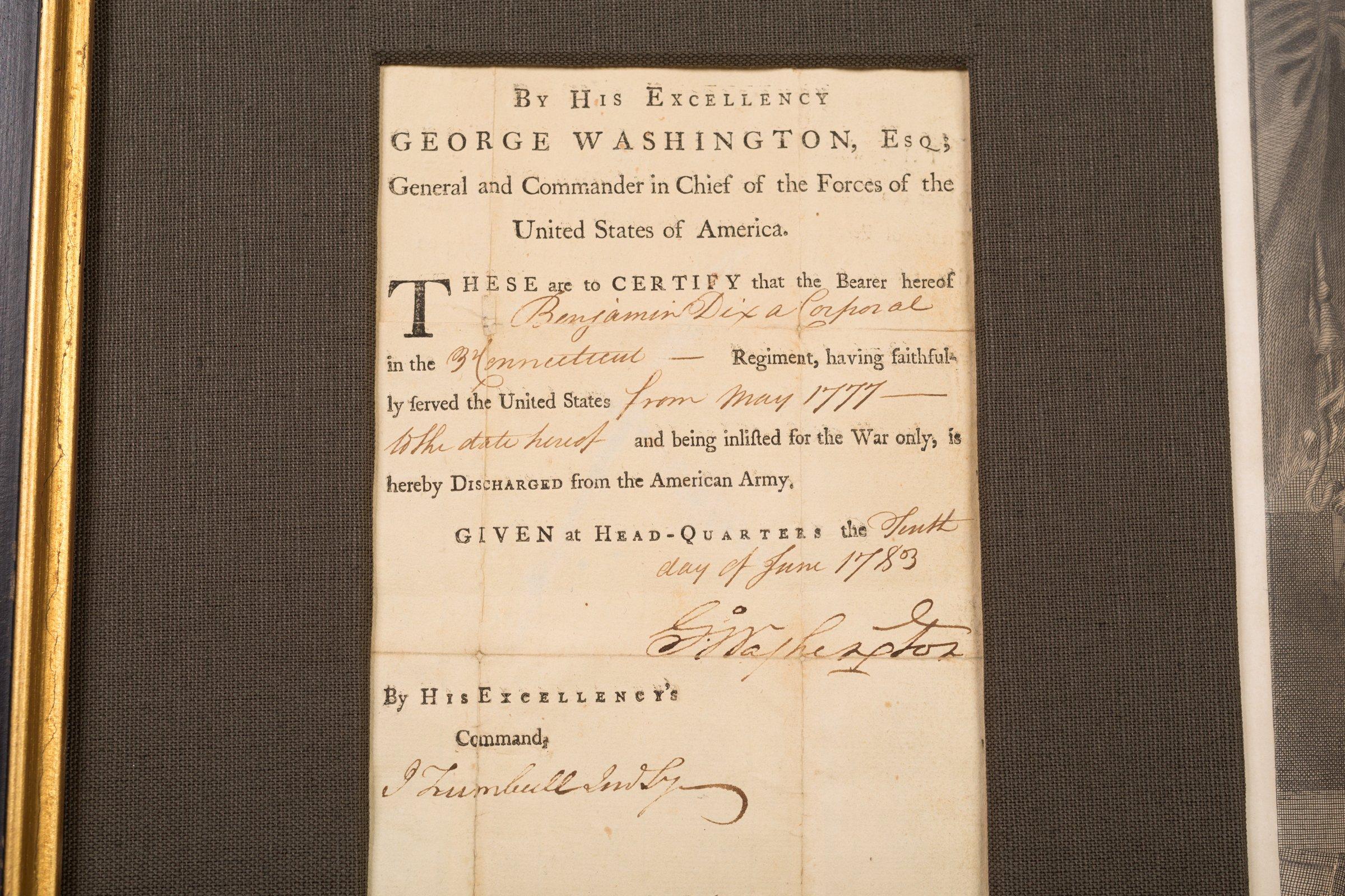 Presented is a Revolutionary War discharge document for Corporal Benjamin Dix, signed by General George Washington, and dated June 10, 1783. Corporal Dix served in the 3rd Connecticut Regiment for 