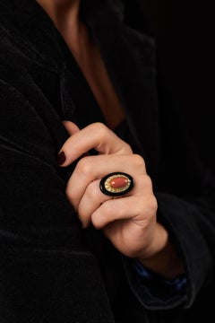 George Weil 18K Gold Coral Onyx Diamond Cocktail Ring, Circa 1975