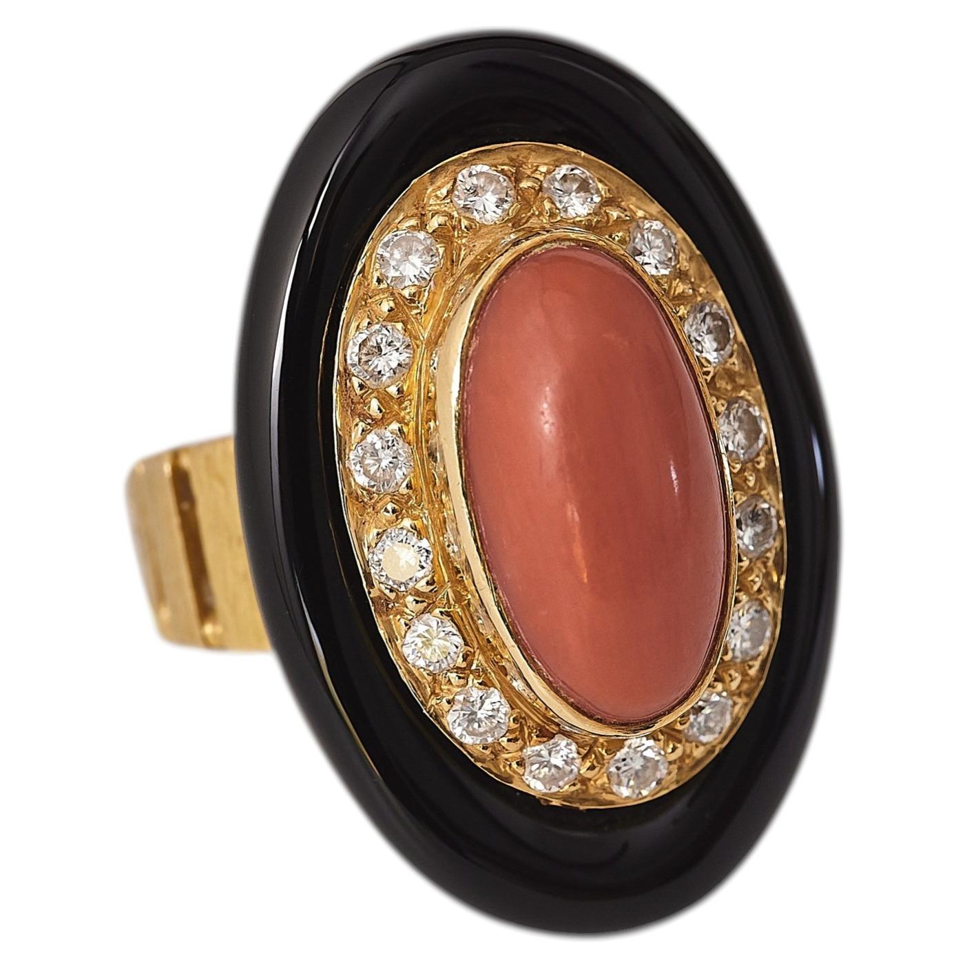 George Weil 18K Gold Koralle Onyx Diamant Cocktail Ring, CIRCA 1975