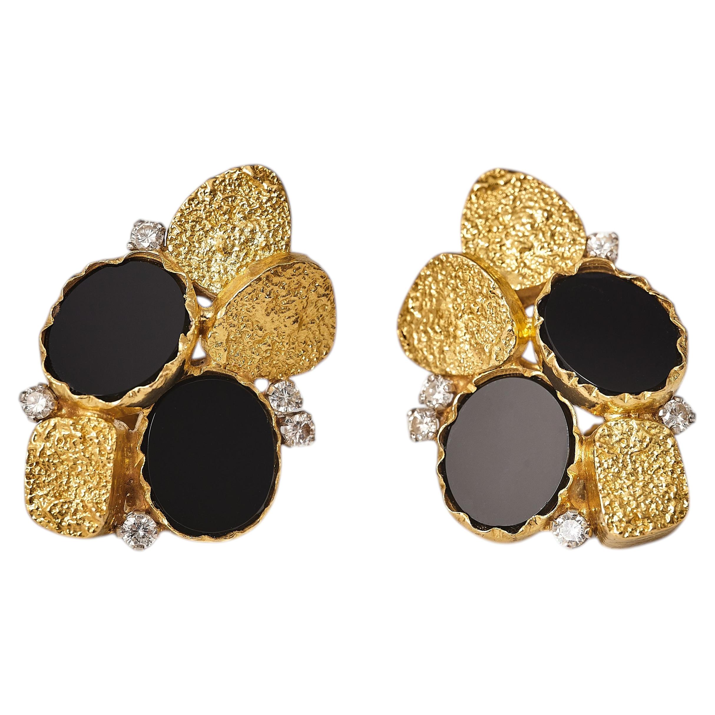 George Weil 18k Gold Onyx Diamond Clip-On Earrings, London 1975