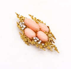 George Weil 1960 Brutalist Pendant Brooch In 18Kt Gold Diamonds And Corals