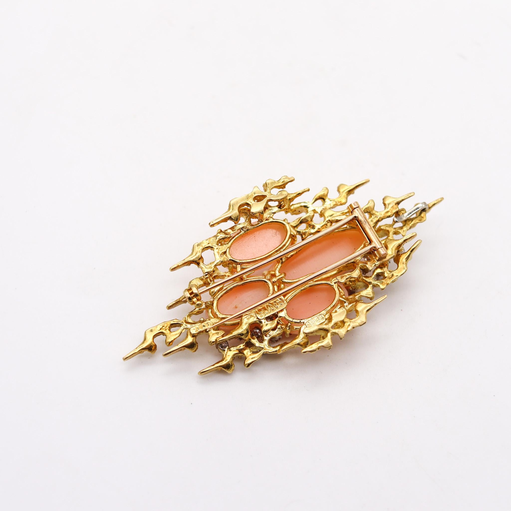 Modernist George Weil 1960 Brutalist Pendant Brooch In 18Kt Gold Diamonds And Corals For Sale