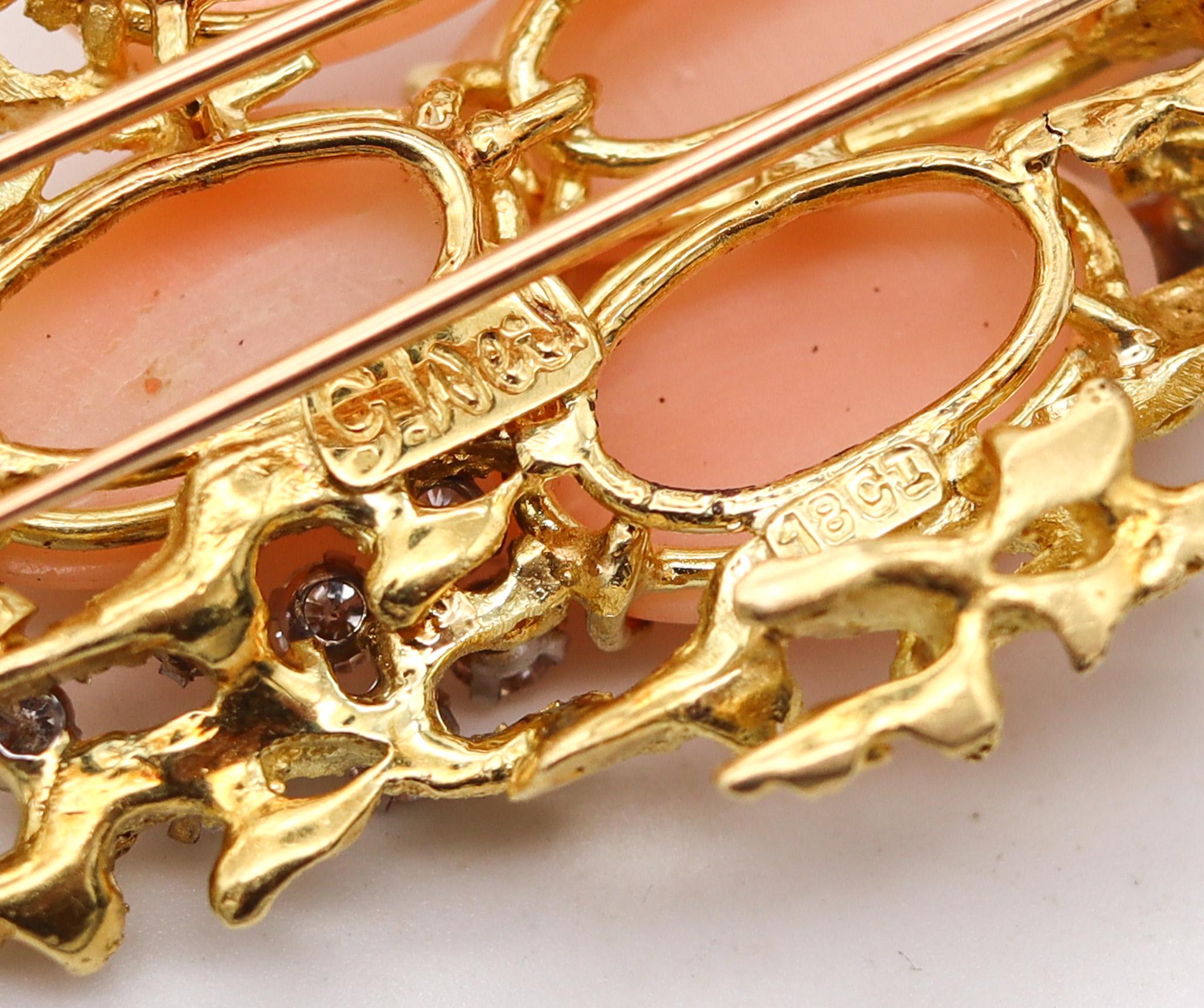 Brilliant Cut George Weil 1960 Brutalist Pendant Brooch In 18Kt Gold Diamonds And Corals For Sale