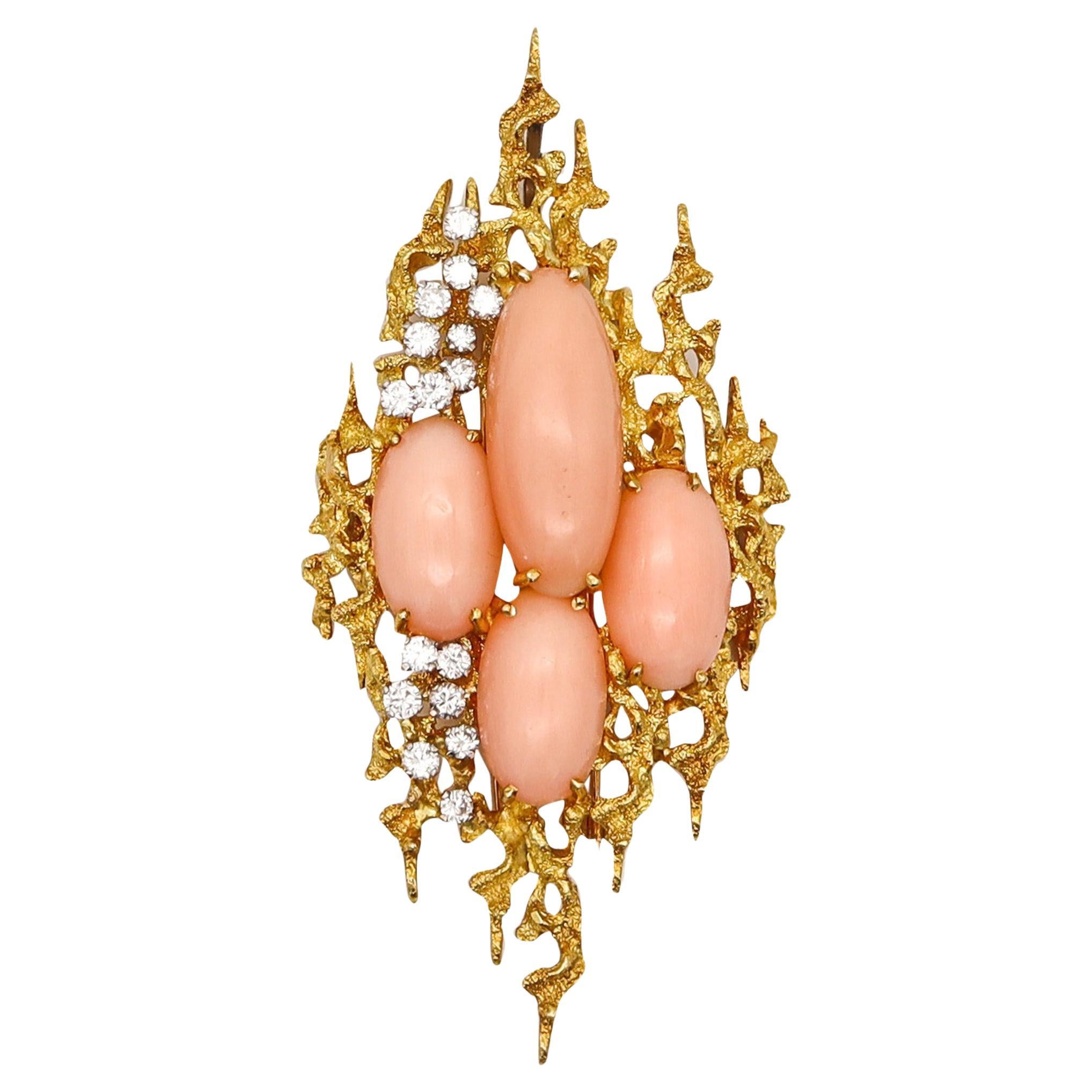 George Weil 1960 Brutalist Pendant Brooch In 18Kt Gold Diamonds And Corals For Sale